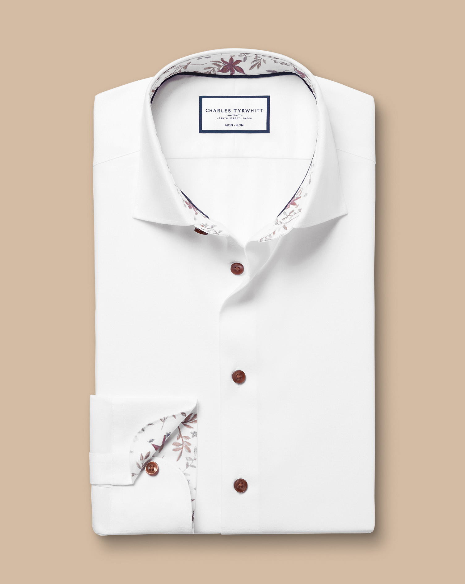 Semi-Cutaway Collar Non-Iron Twill Floral Printed Trim Shirt - White