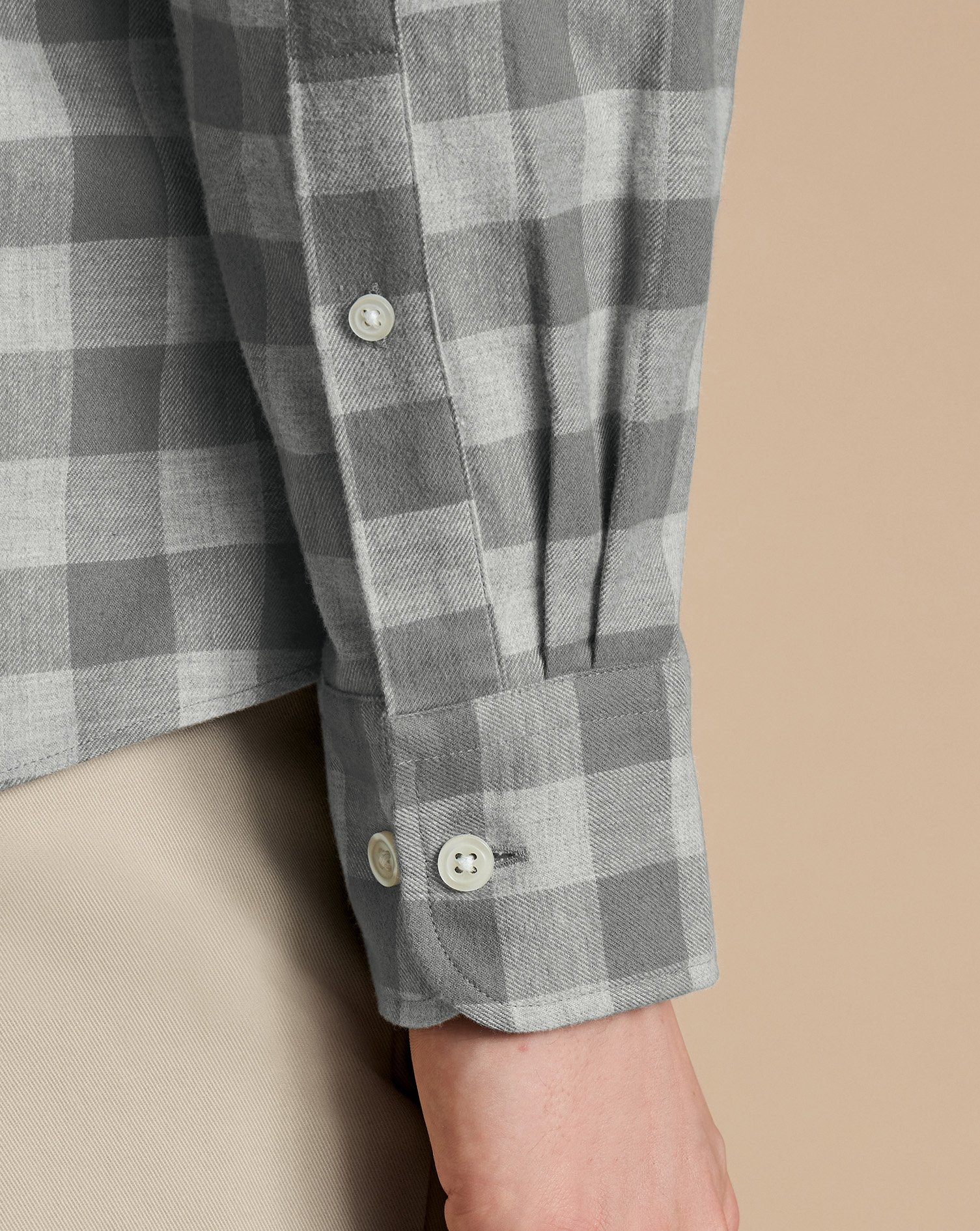 Button-Down Collar Brushed Flannel Gingham Shirt - Light Grey