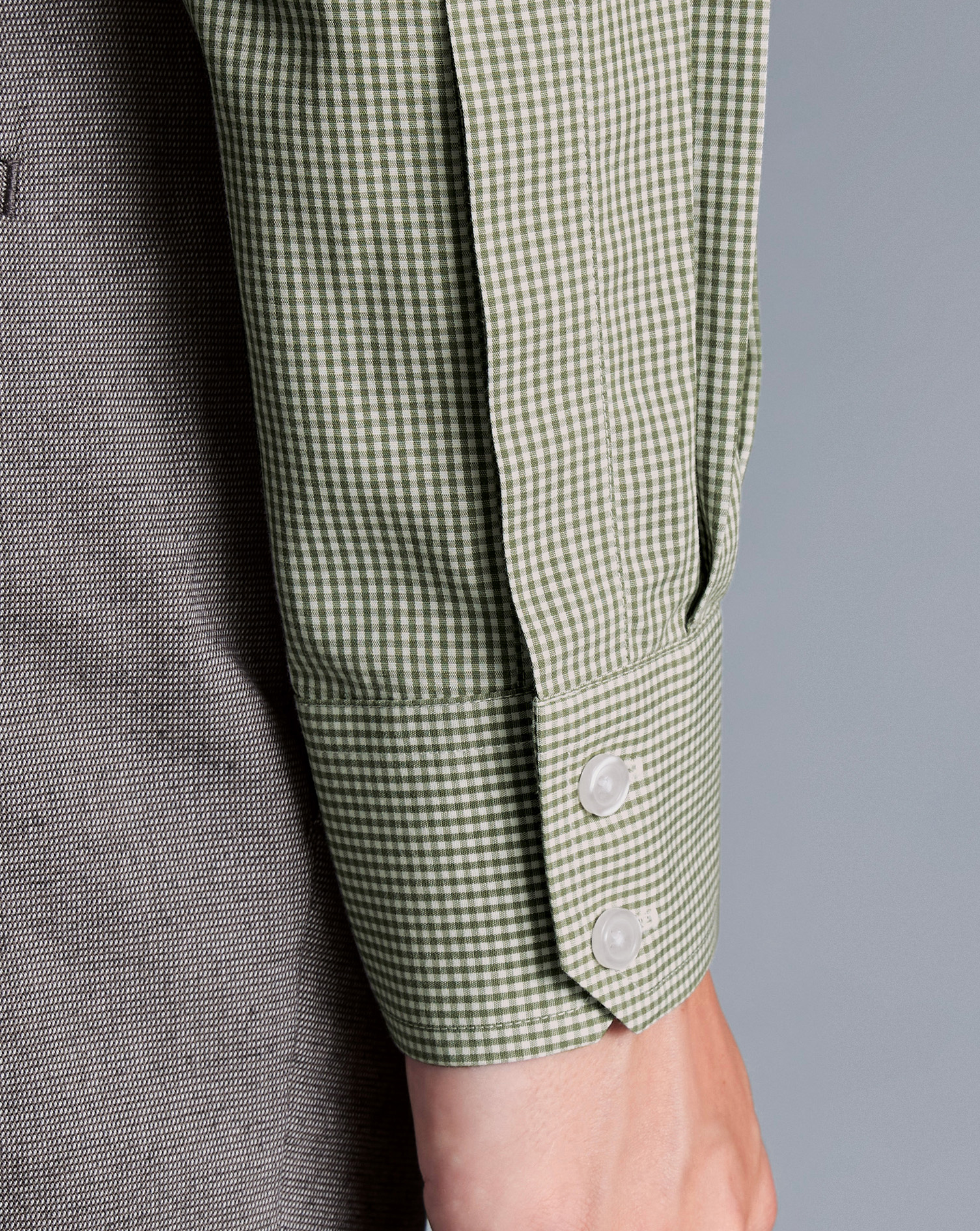 Cutaway Collar Non-Iron Mini Gingham Check Shirt - Olive Green