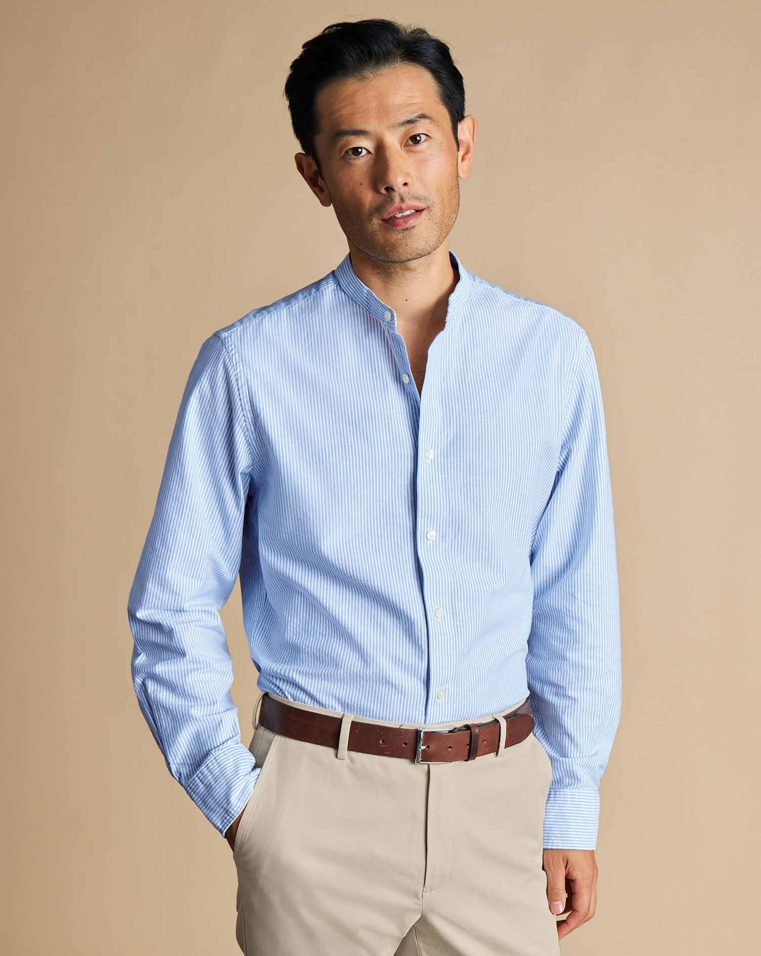 Collarless Stretch Washed Oxford Stripe Shirt - Ocean Blue