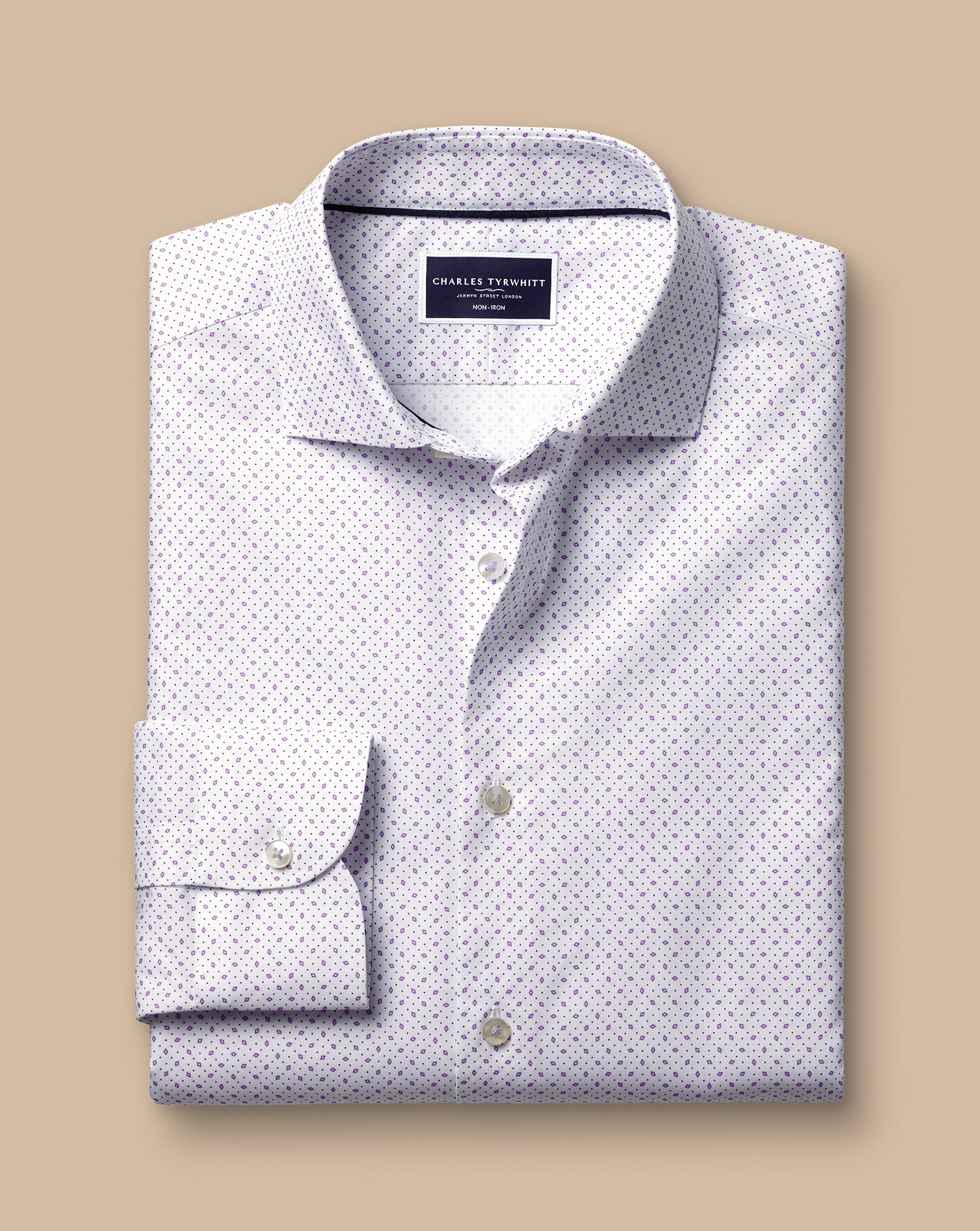 Semi-Cutaway Collar Non-Iron Stretch Diamond Print Shirt - White & Lilac Purple