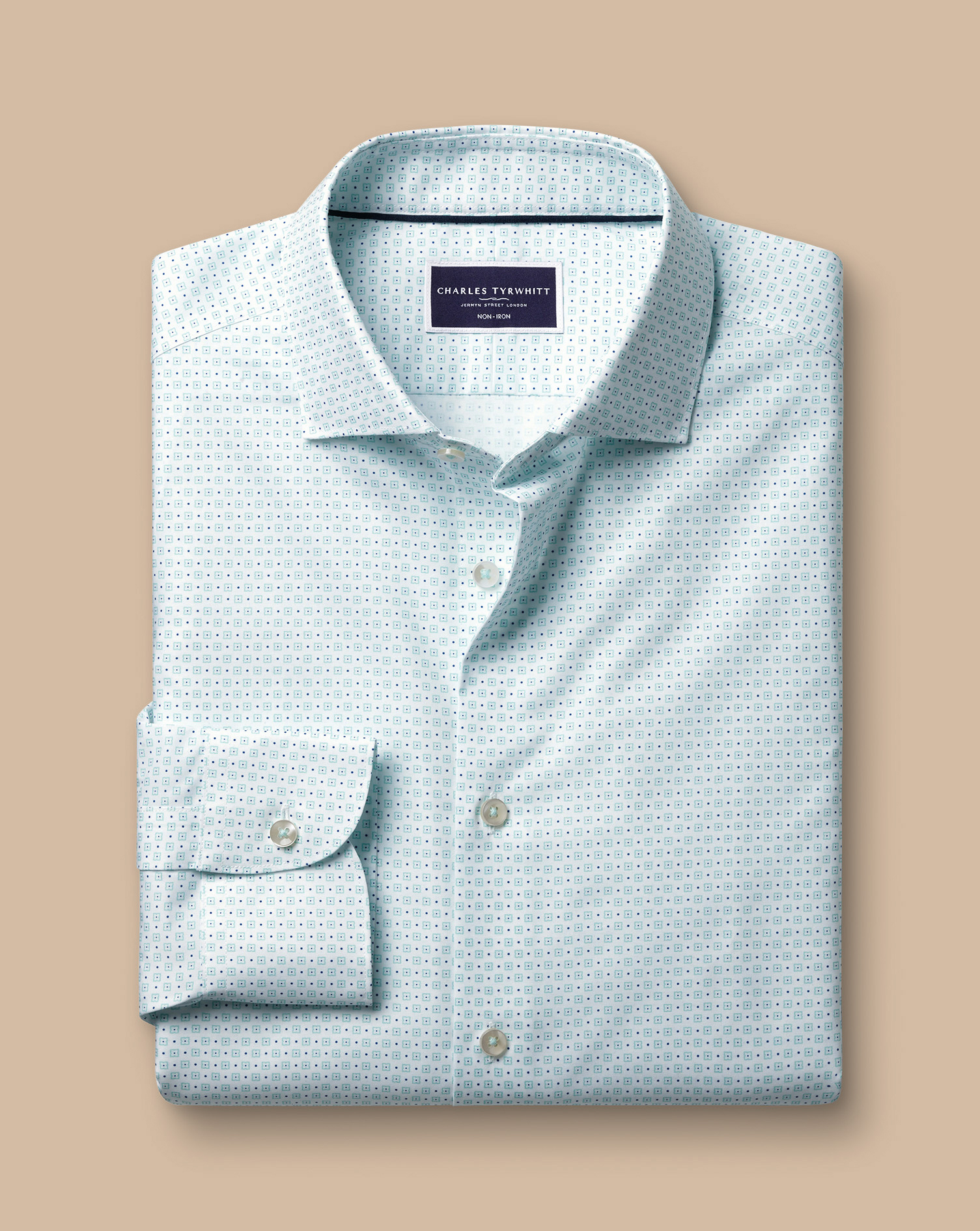 Semi-Cutaway Collar Non-Iron Stretch Motif Print Shirt - Aqua Green