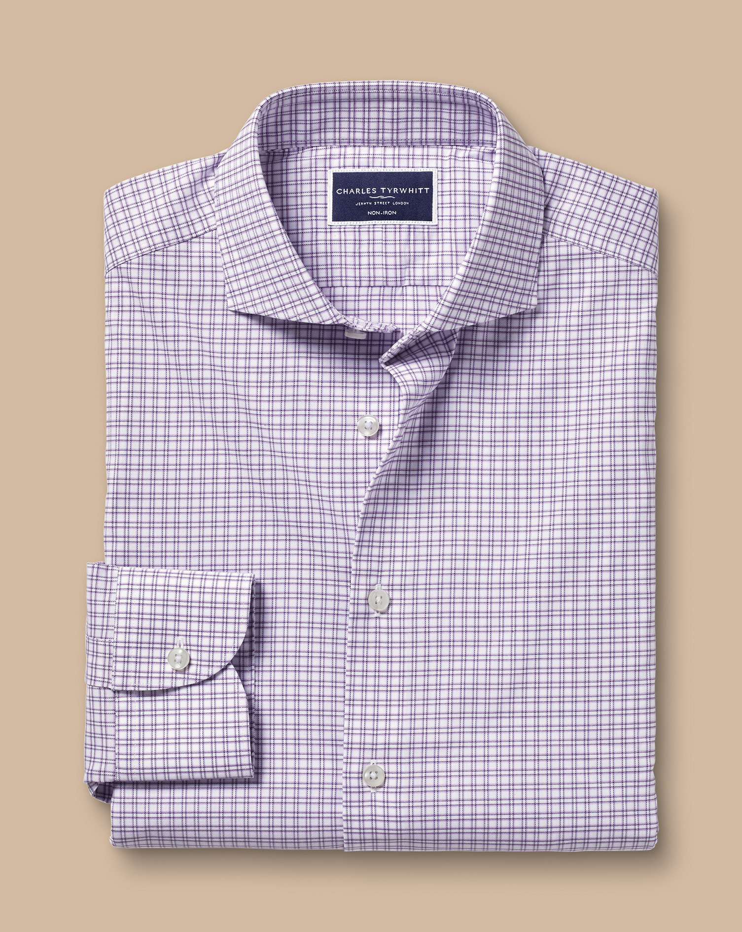 Non-Iron Stretch Twill Grid Check Shirt - Mauve Purple