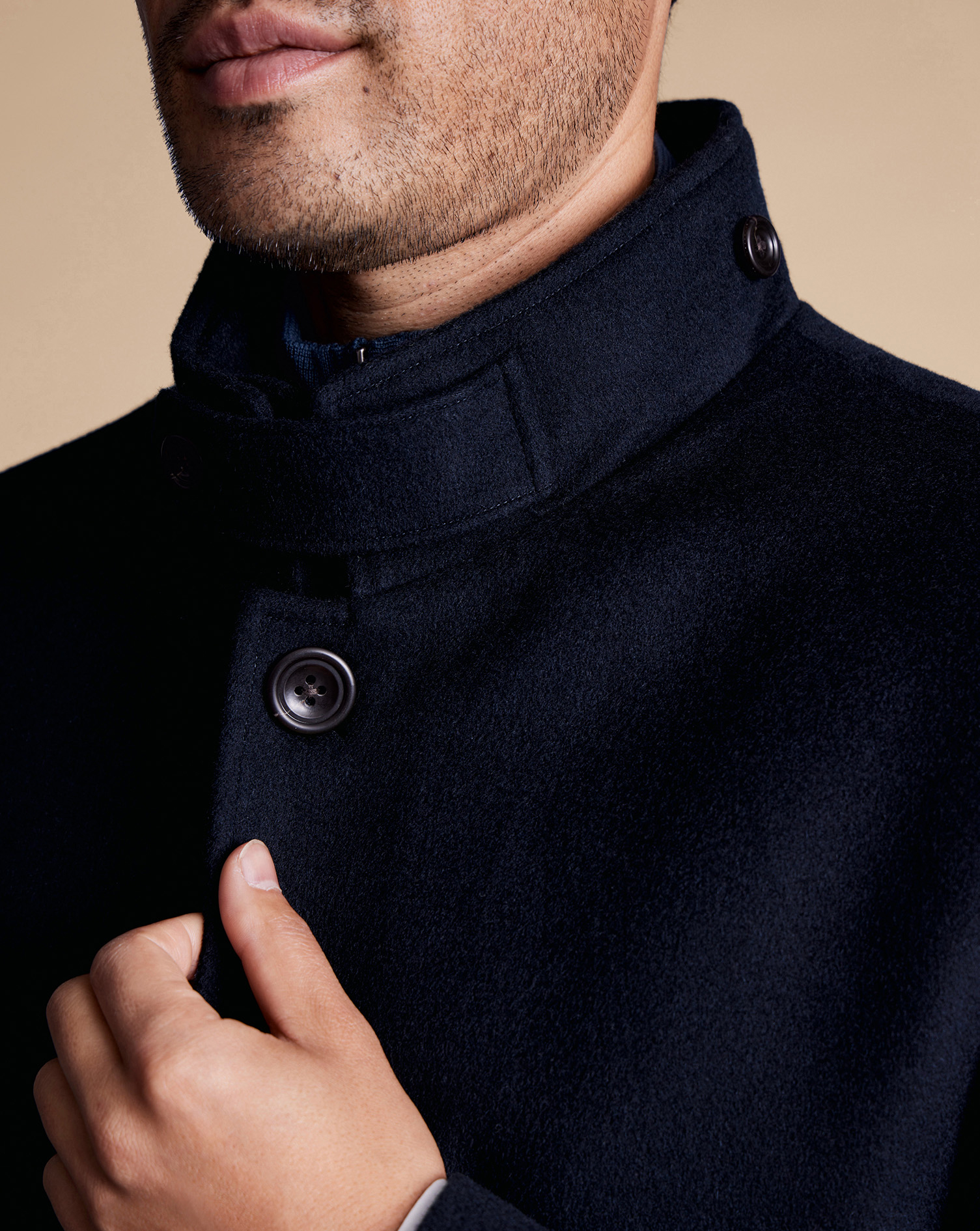 Wool Funnel Neck Overcoat - Navy