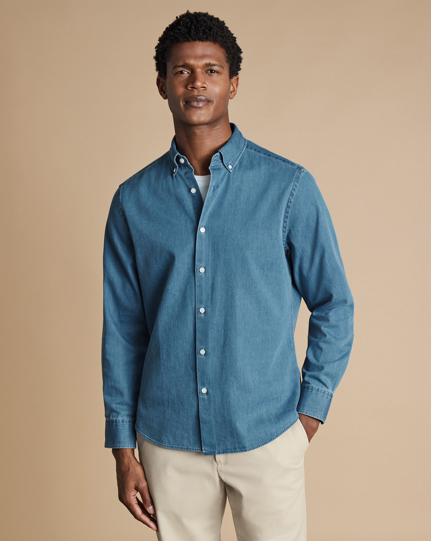 Button-Down Collar Denim Shirt - Ocean Blue