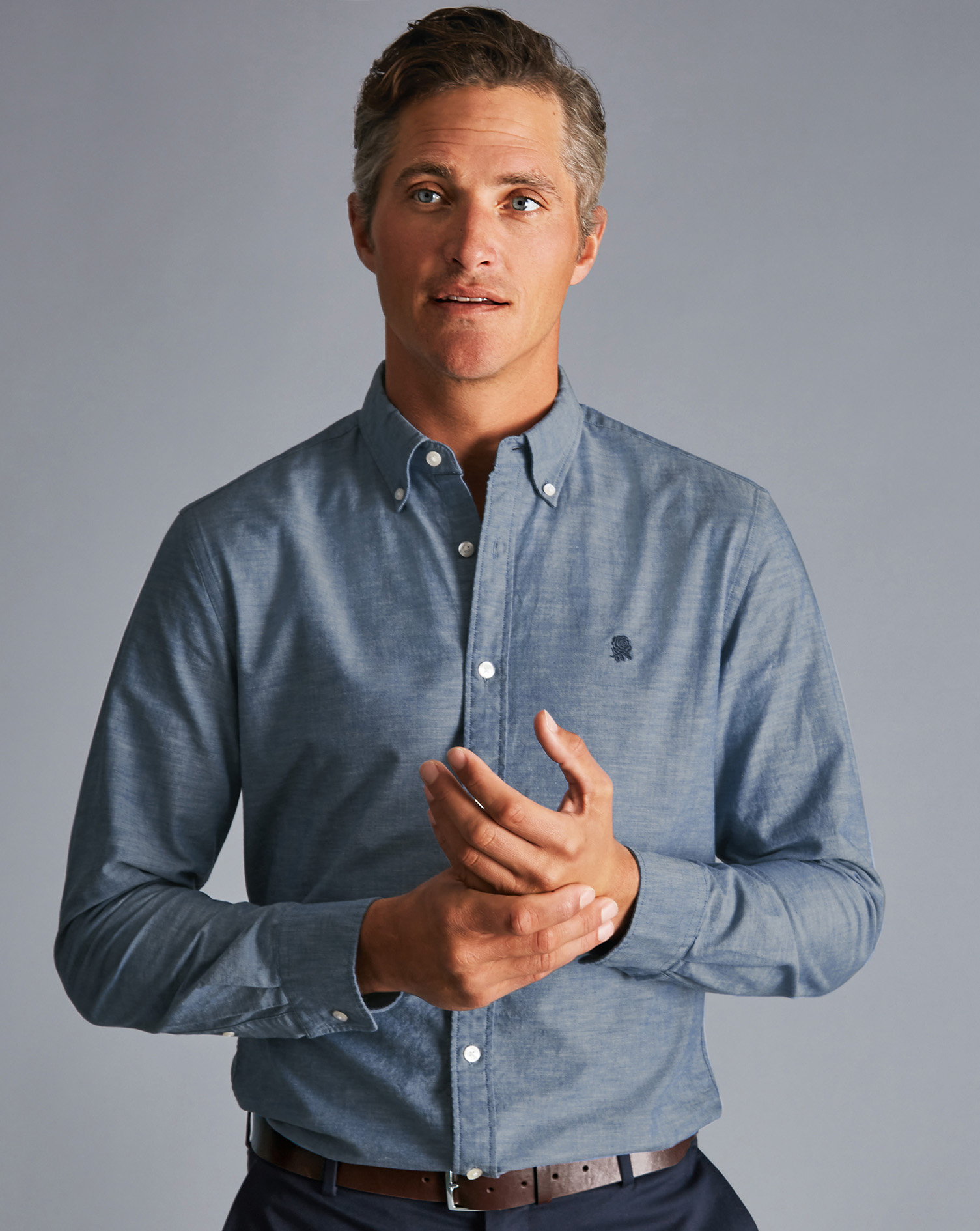 England Rugby Button-Down Collar Chambray Shirt - Mid Blue