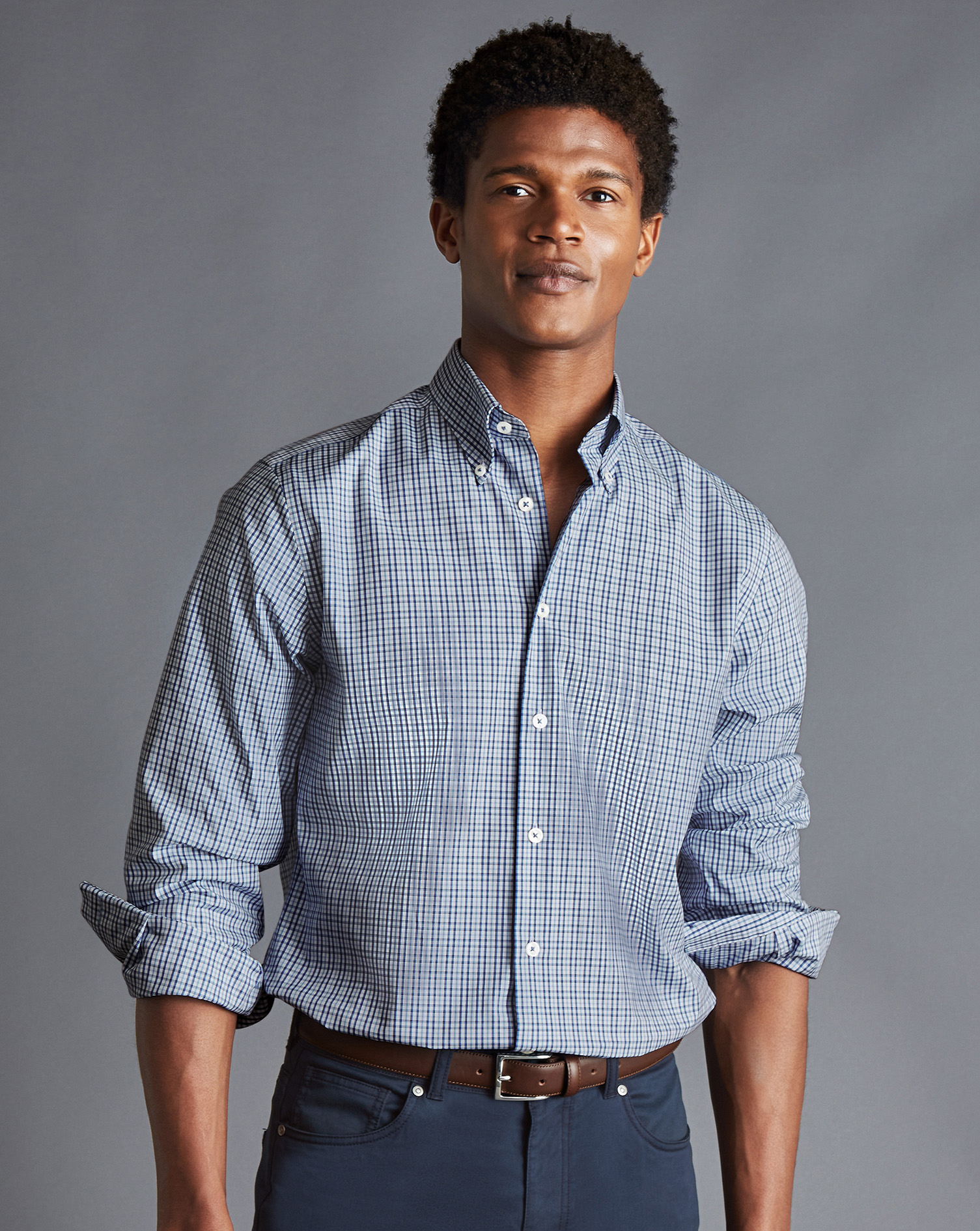 Button-Down Collar Non-Iron Oxford Multi Check Shirt - Ocean Blue