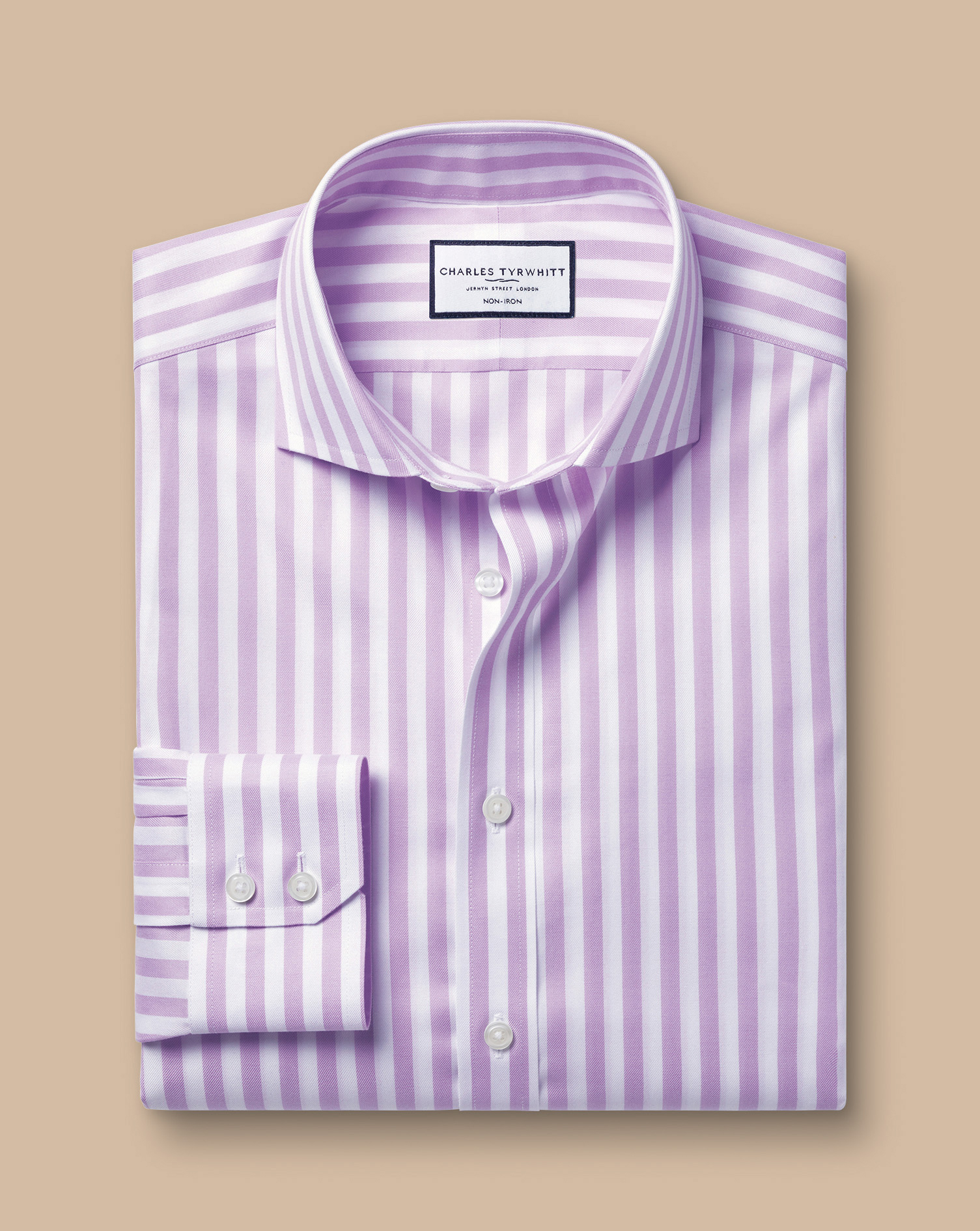 Cutaway Collar Non-Iron Twill Wide Stripe Shirt - Lilac Purple