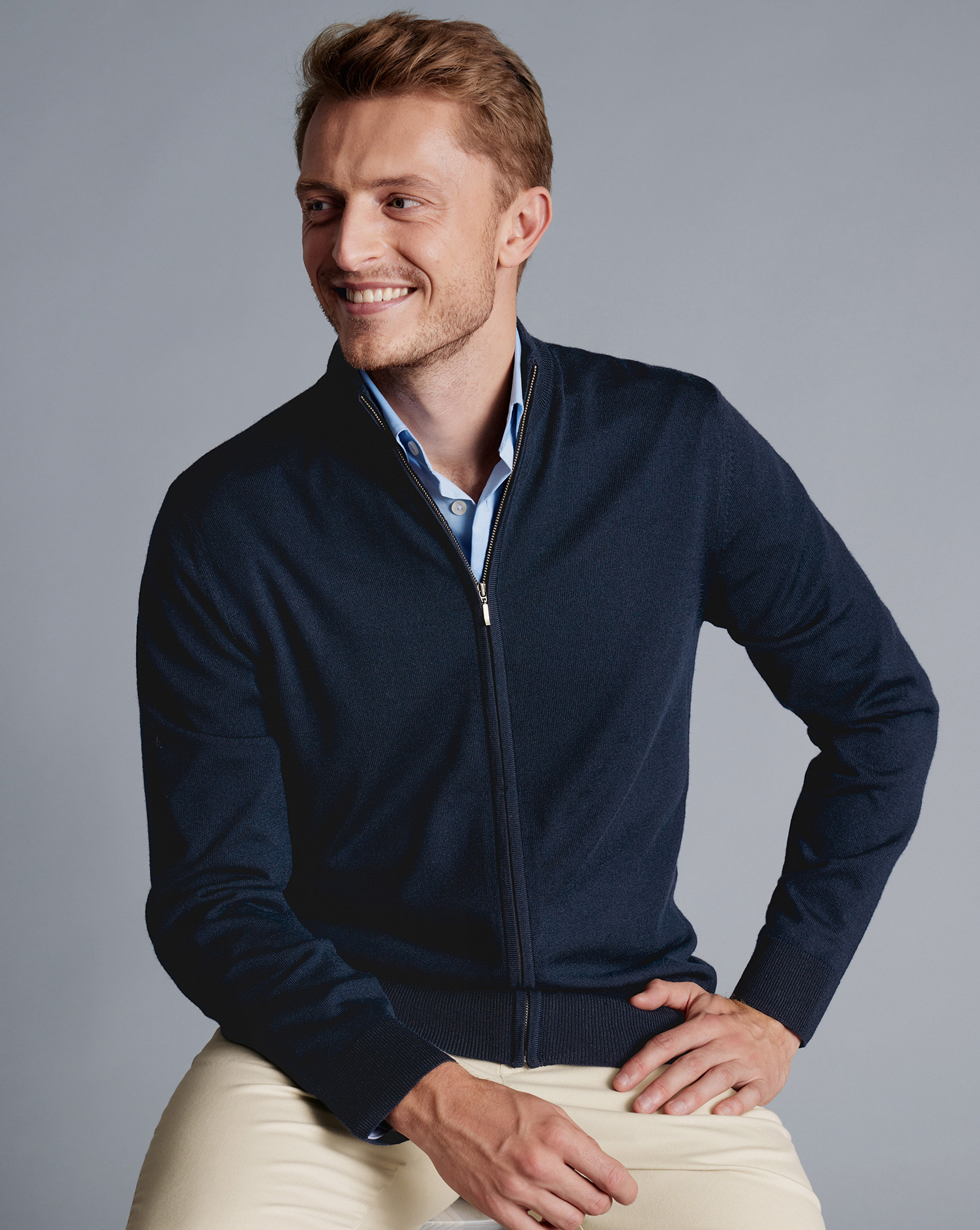 Pure Merino Full Zip-Through Cardigan - Navy