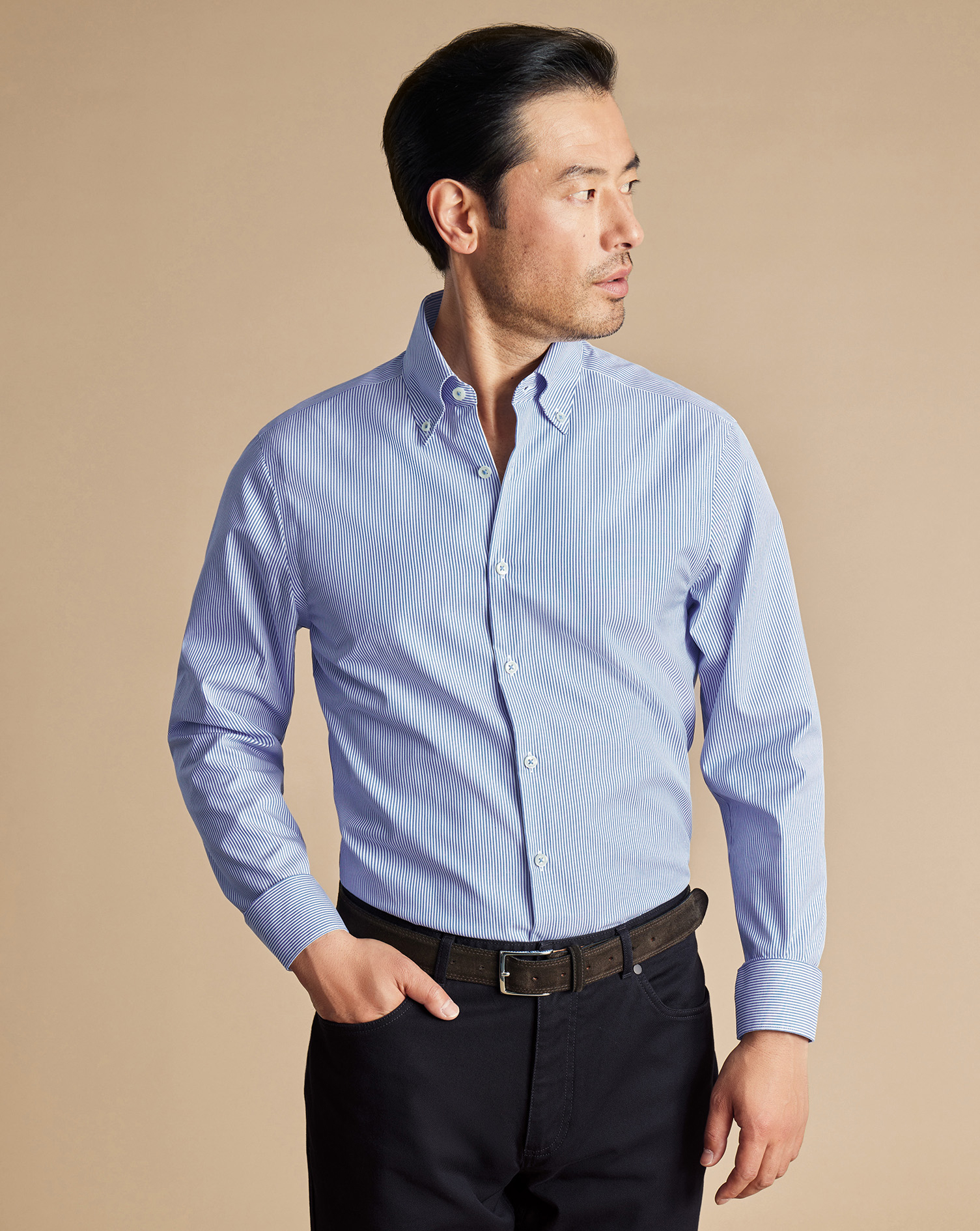 Button-Down Collar Non-Iron Stripe Oxford Shirt - Cobalt Blue