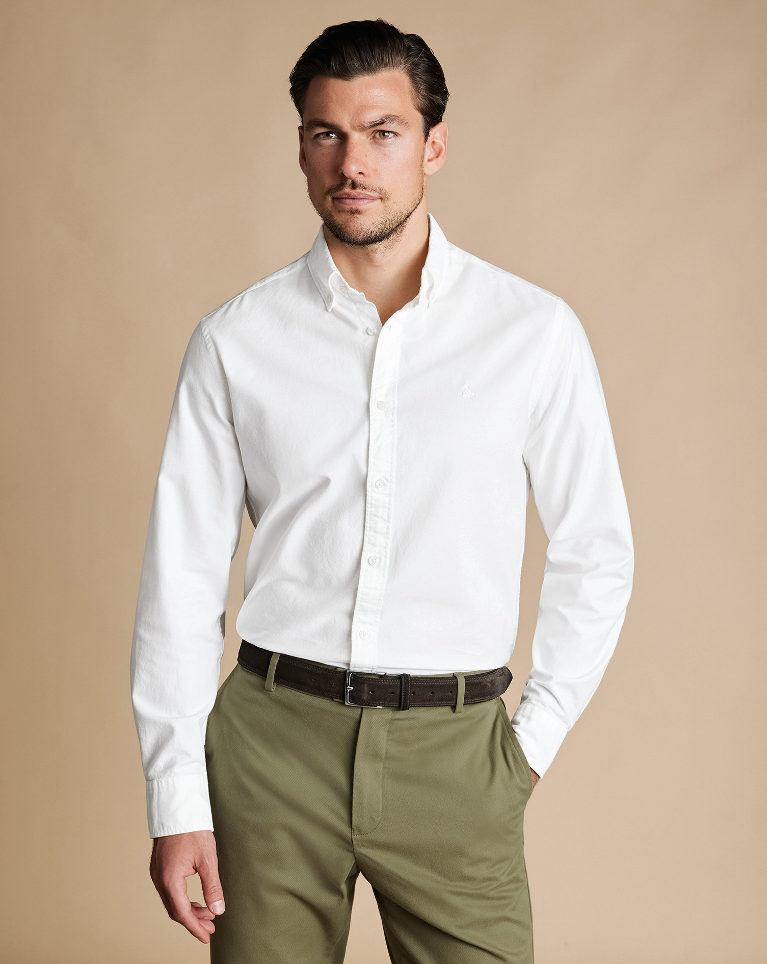 Button-Down Collar Stretch Washed Oxford Shirt - White