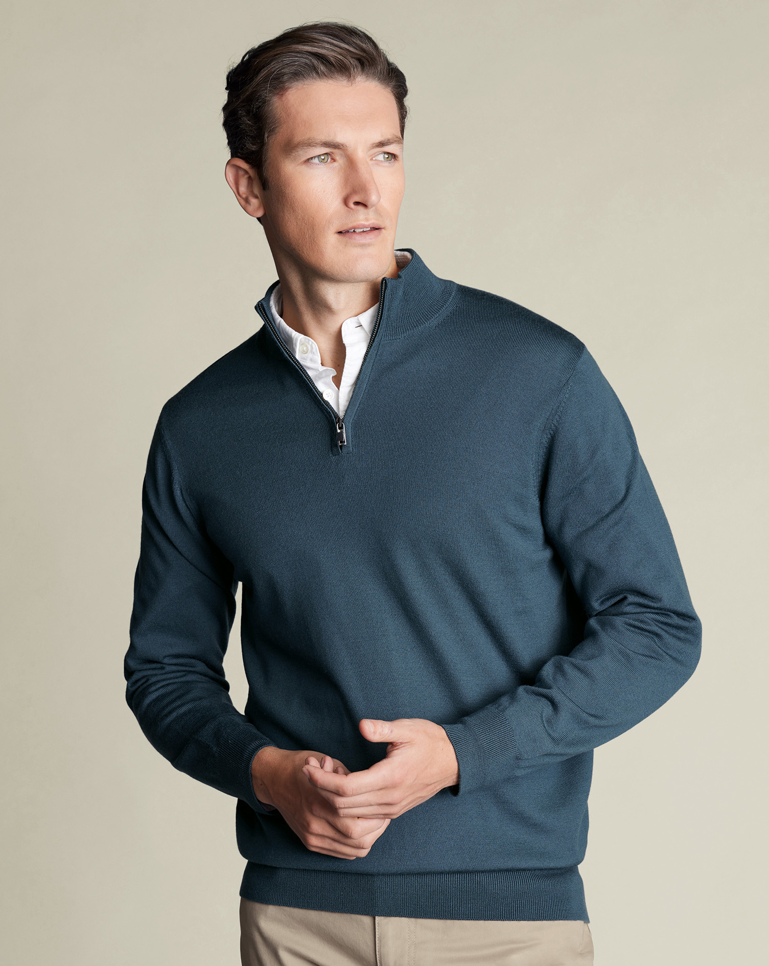 Charles Tyrwhitt Pullover aus Merinowolle mit Reißverschlusskragen - Petrolblau