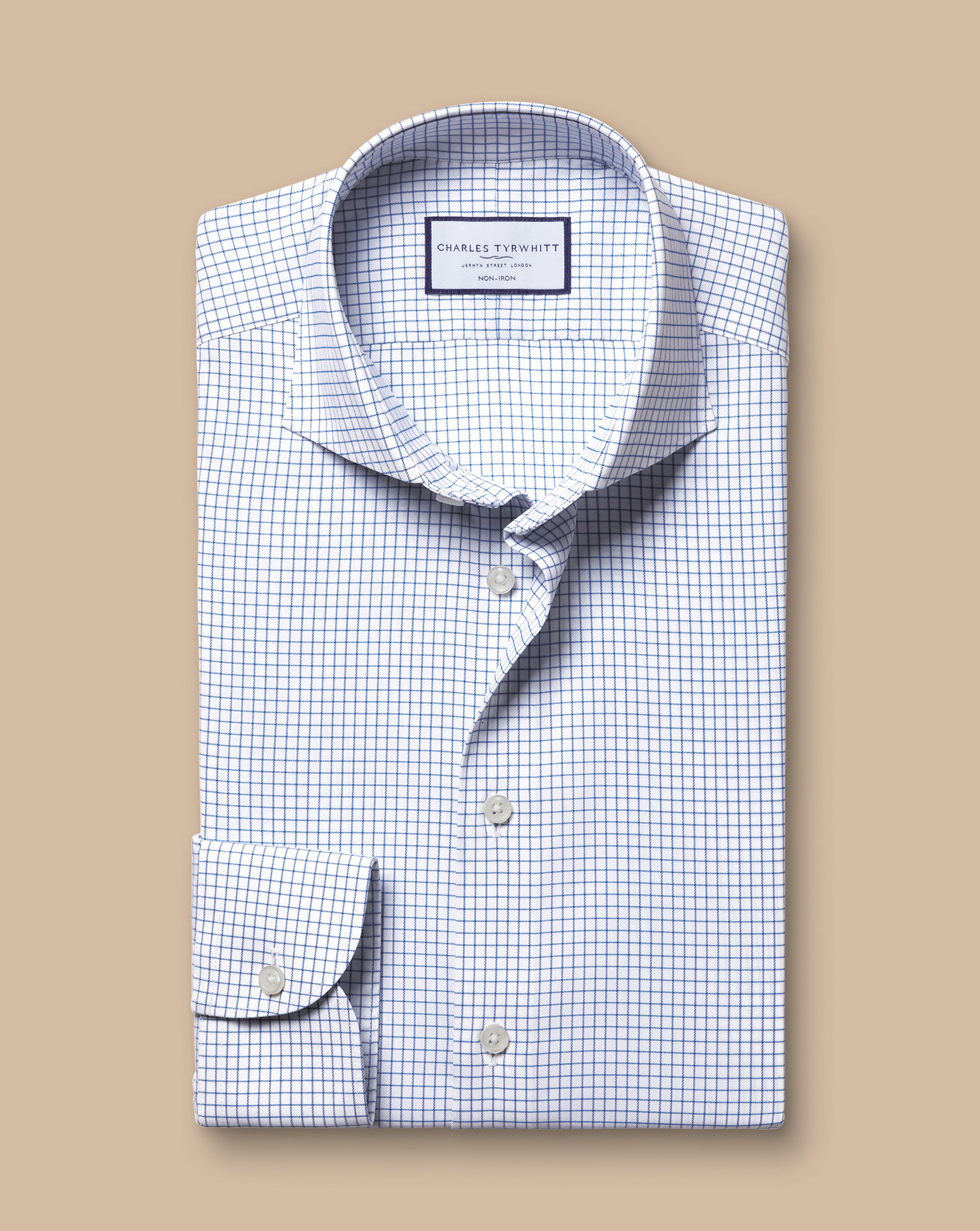 Semi-Cutaway Collar Non-Iron Stretch Twill Fine Check Shirt - Ocean Blue