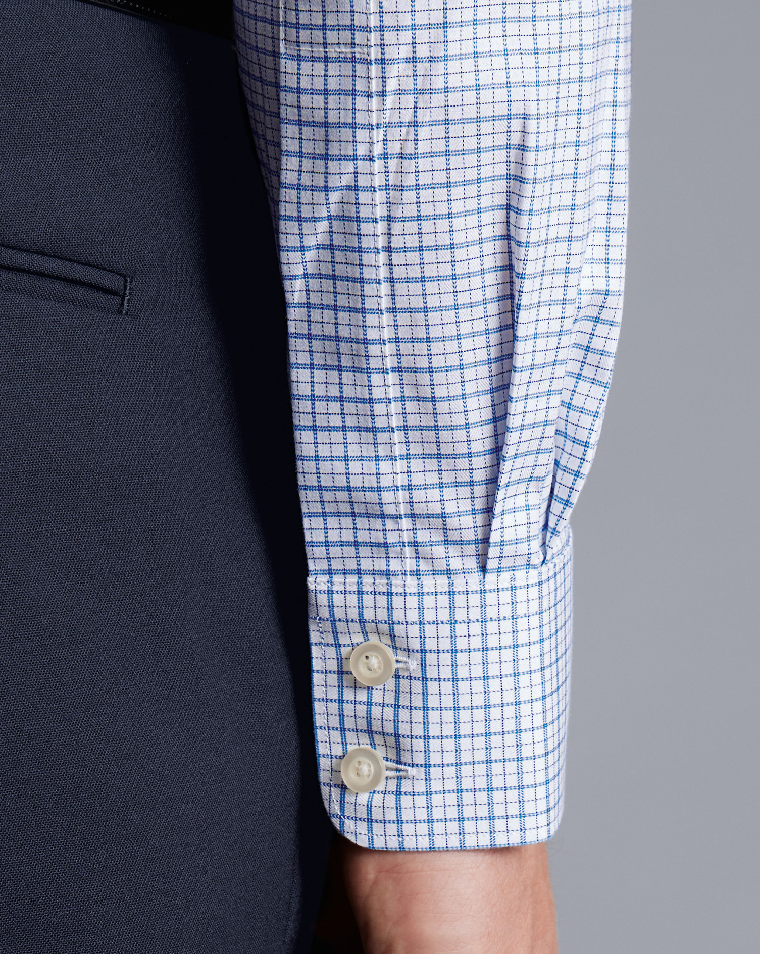 Semi-Cutaway Collar Egyptian Cotton Twill Double Check Shirt - Ocean Blue