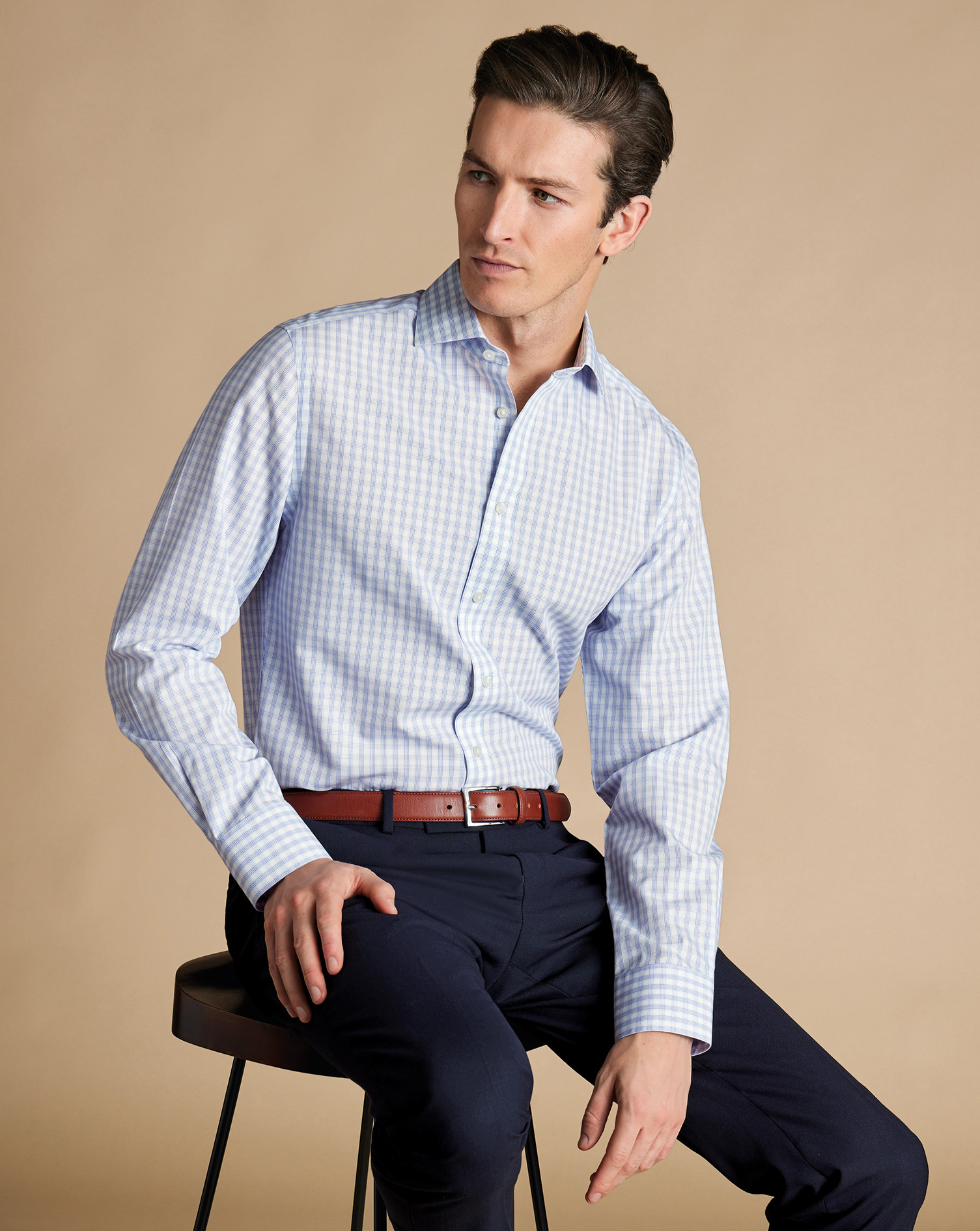 Cutaway Collar Non-Iron Poplin Multi Check Shirt - Cobalt Blue