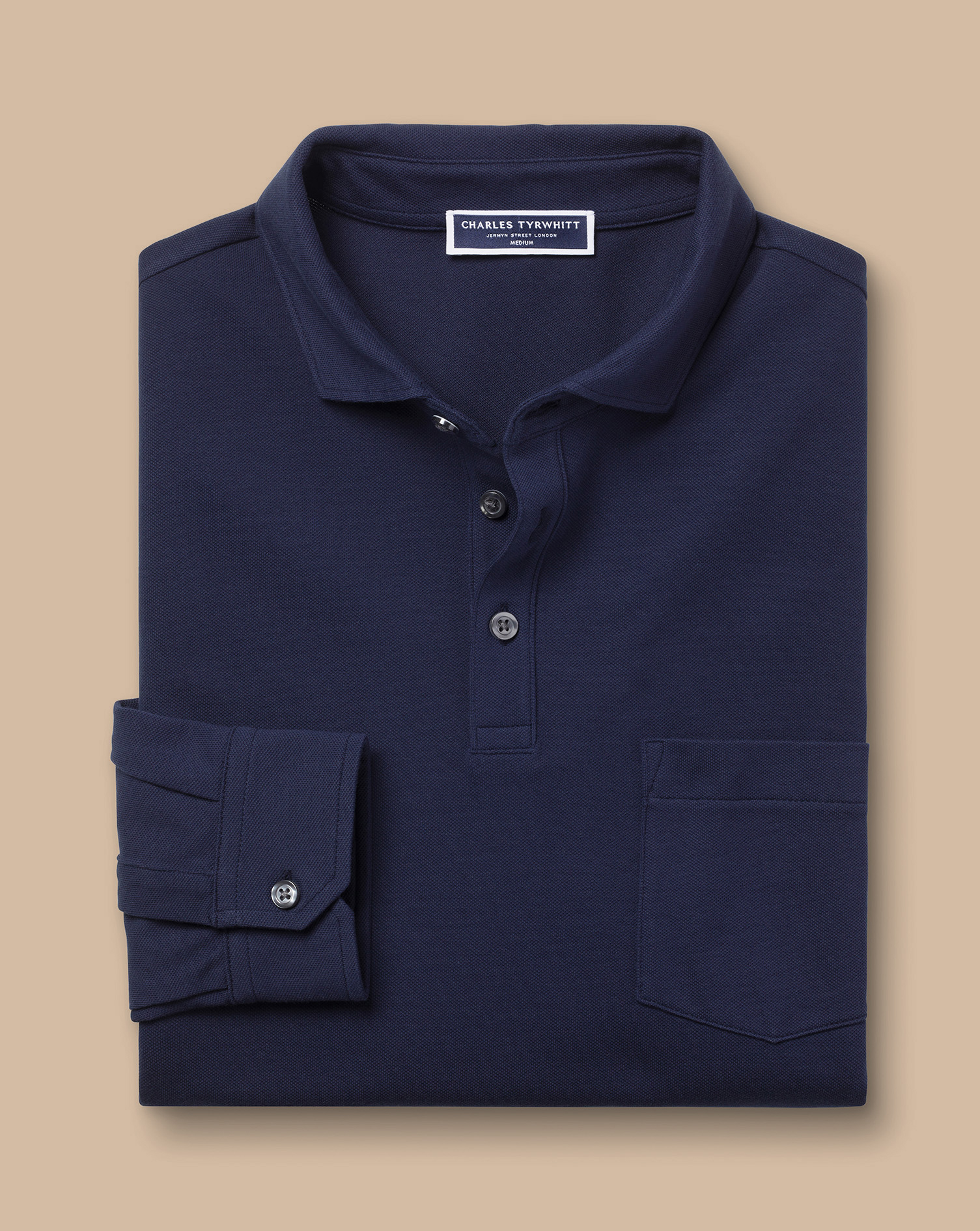 Long Sleeve Tyrwhitt Pique Polo - Denim Blue