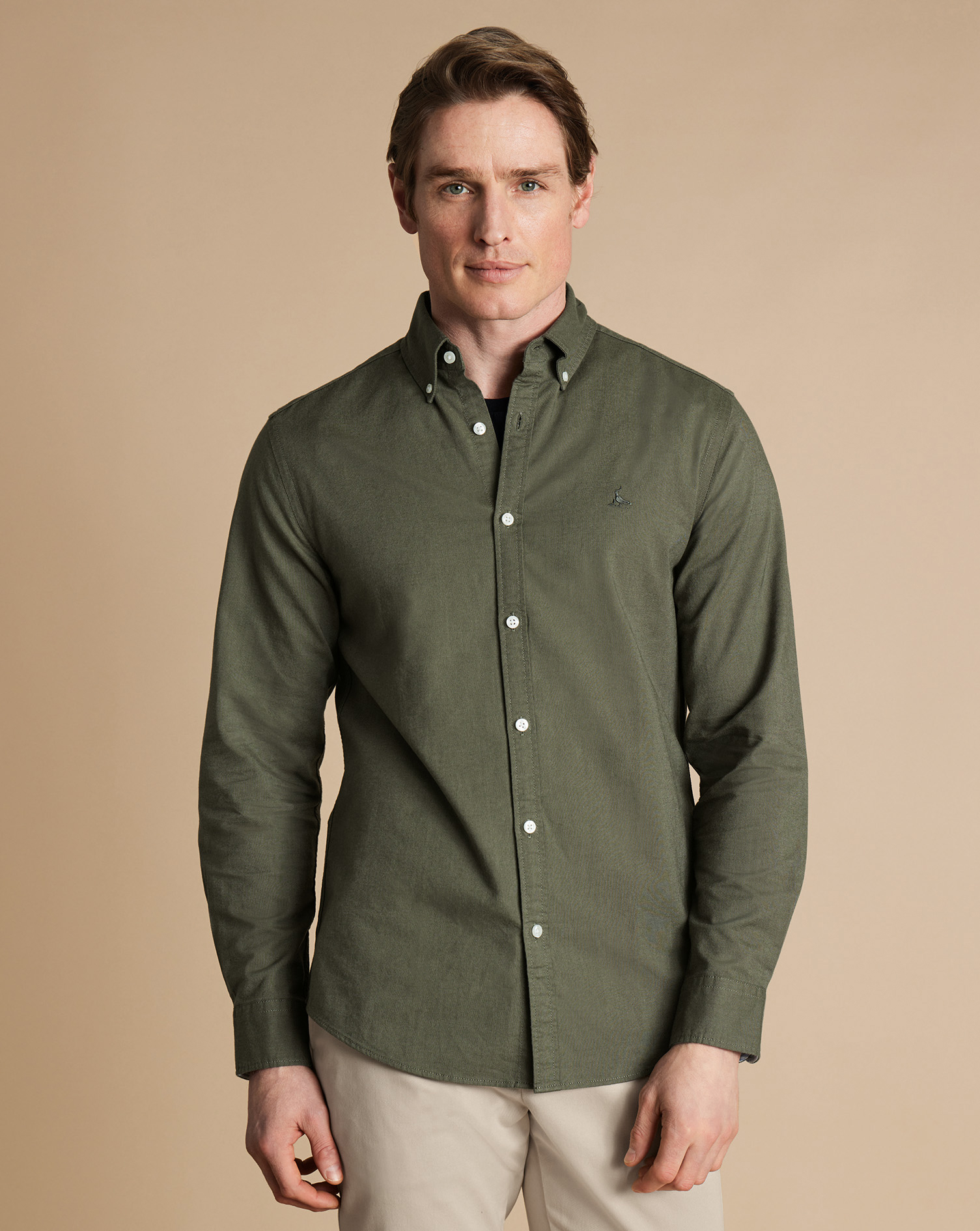 Button-Down Collar Stretch Washed Oxford Shirt - Olive Green