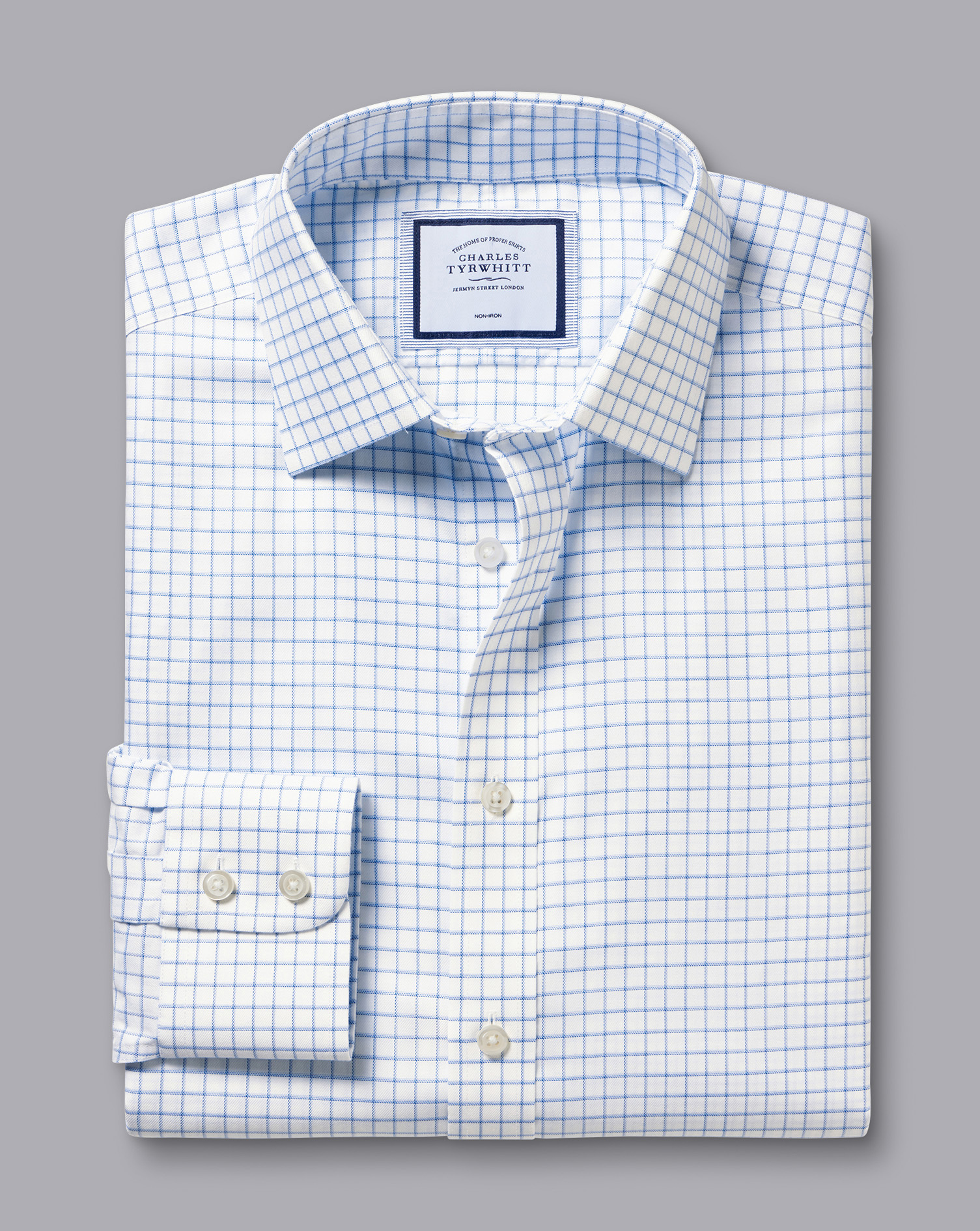 Non-Iron Twill Fine Shadow Check Shirt - Cornflower Blue