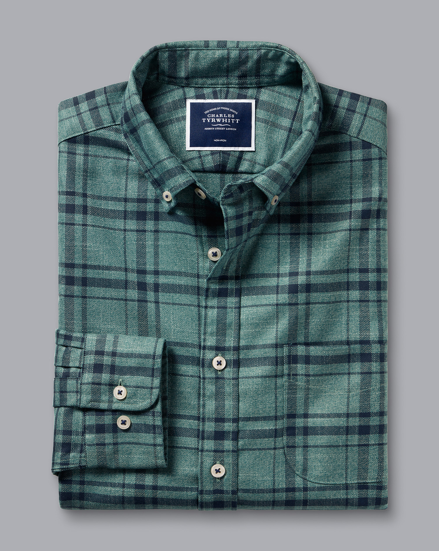 Button-Down Collar Non-Iron Twill Large Check Shirt - Teal Green