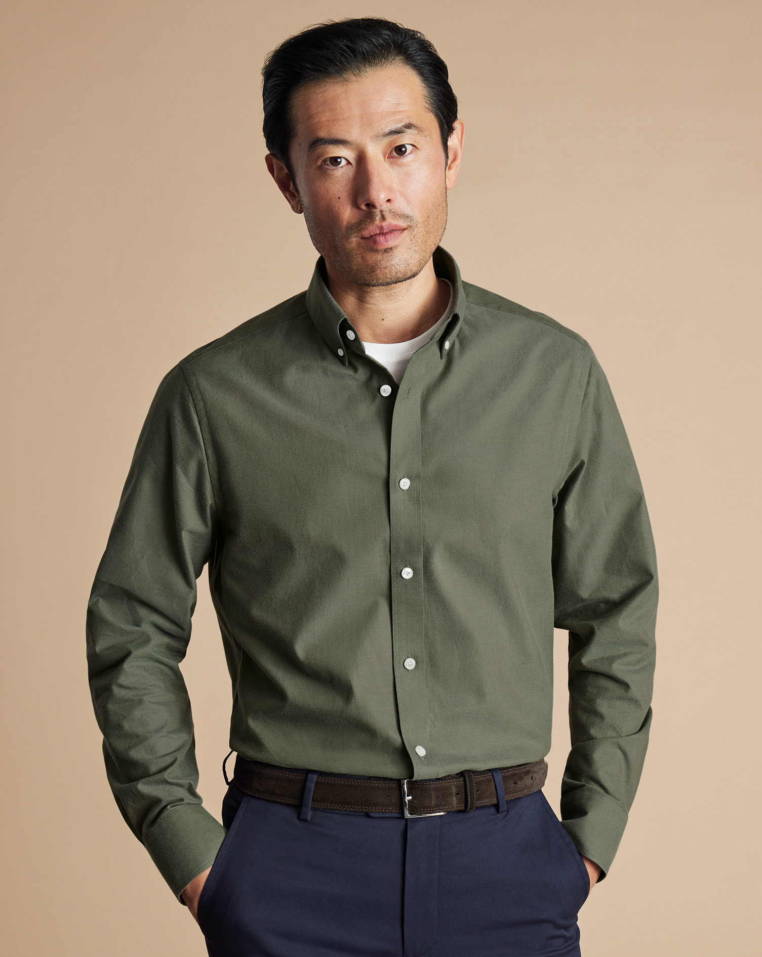 Button-Down Collar Brushed Cotton Twill Shirt - Olive Green