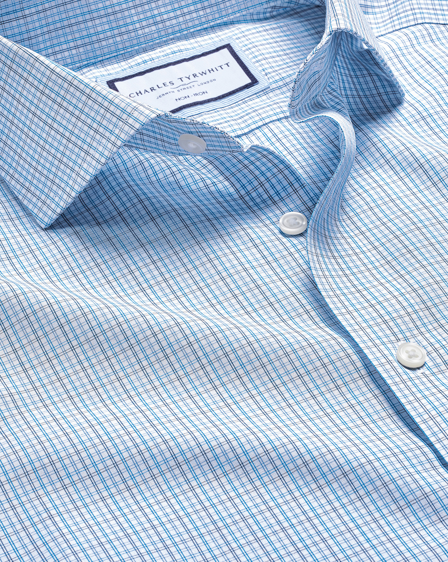 Cutaway Collar Non-Iron Fine Line Check Shirt - Ocean Blue