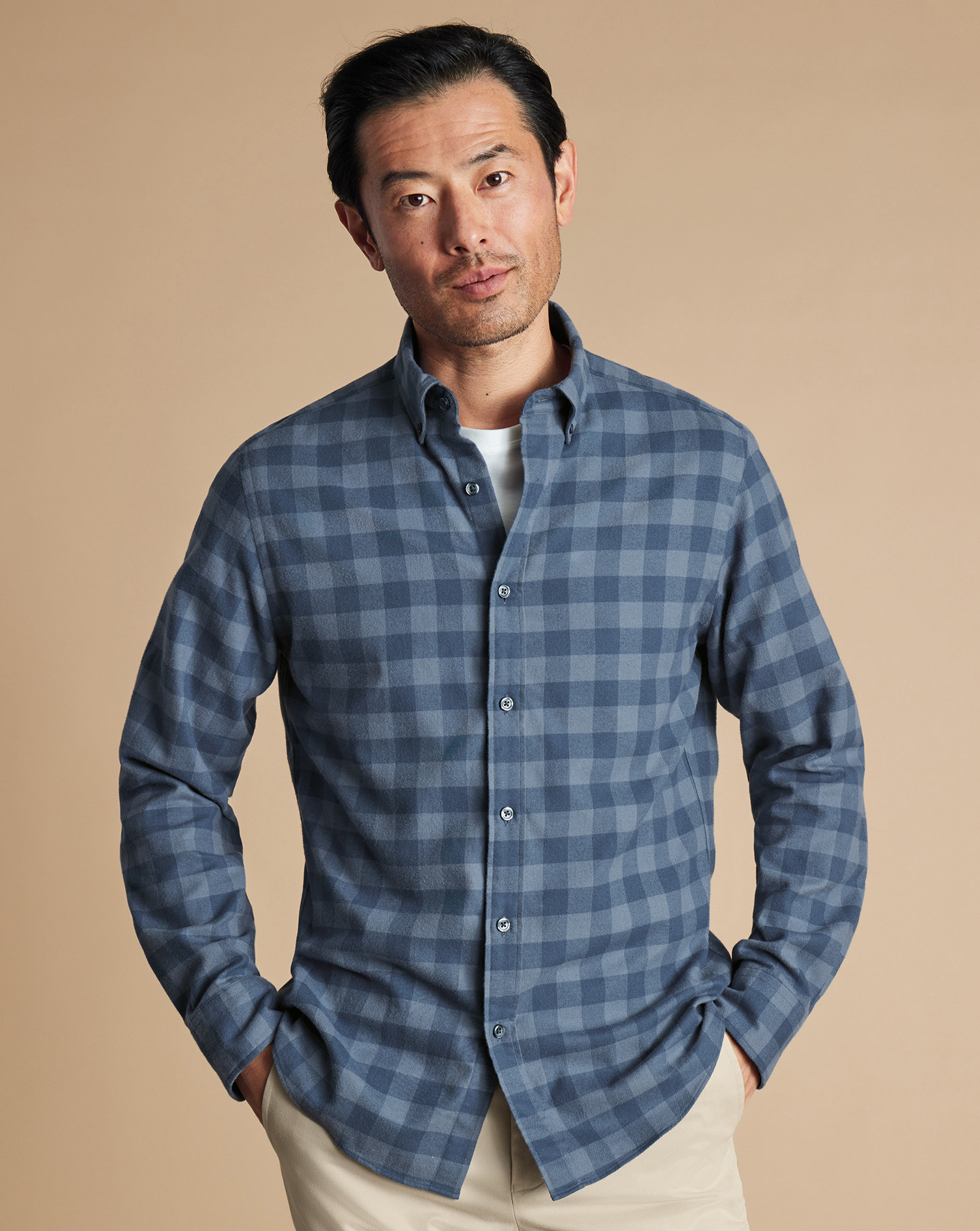 Button-Down Collar Brushed Flannel Gingham Shirt - Steel Blue