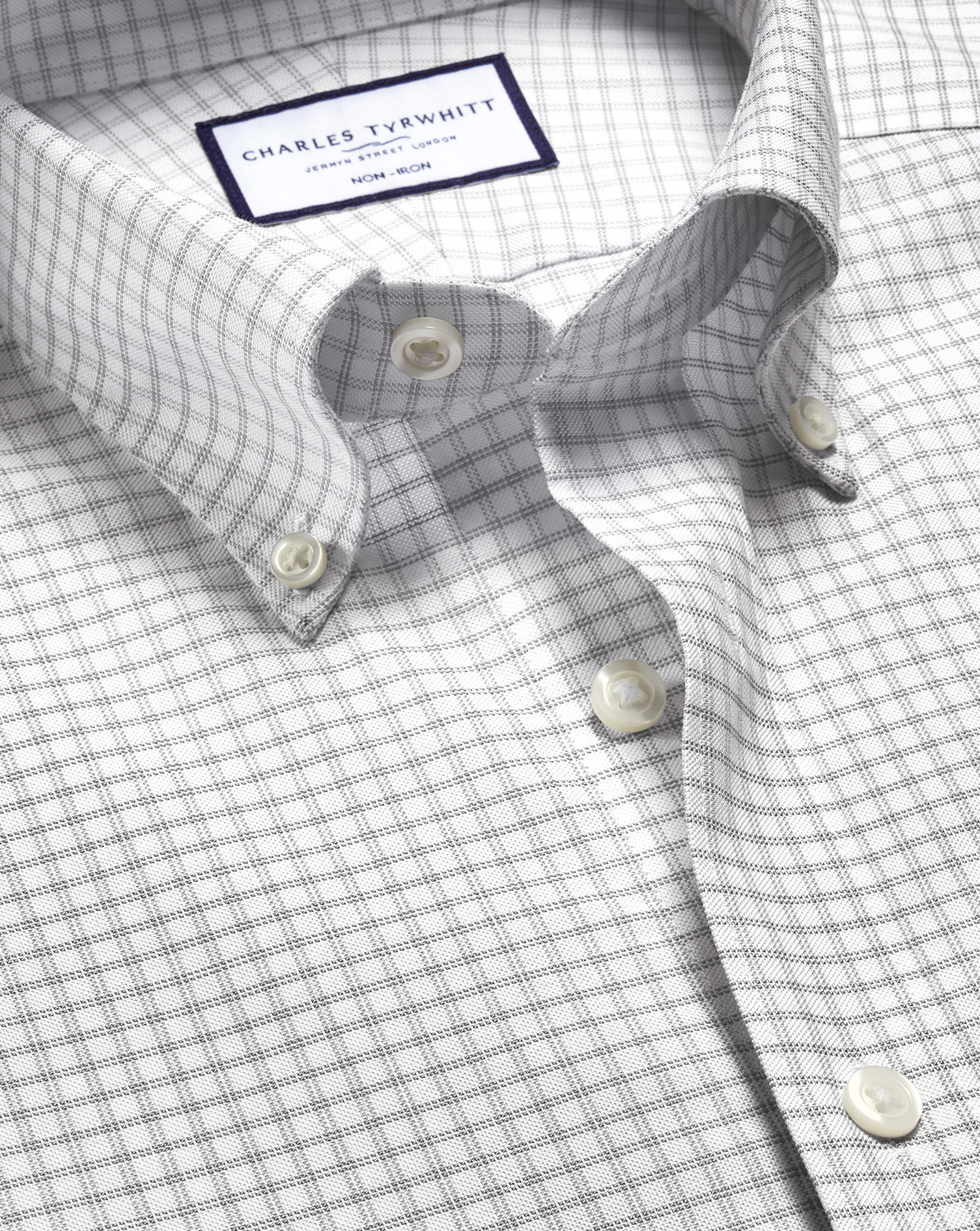 Charles Tyrwhitt Bügelfreies Stretch-Oxfordhemd - Silbergrau Knopfmanschette