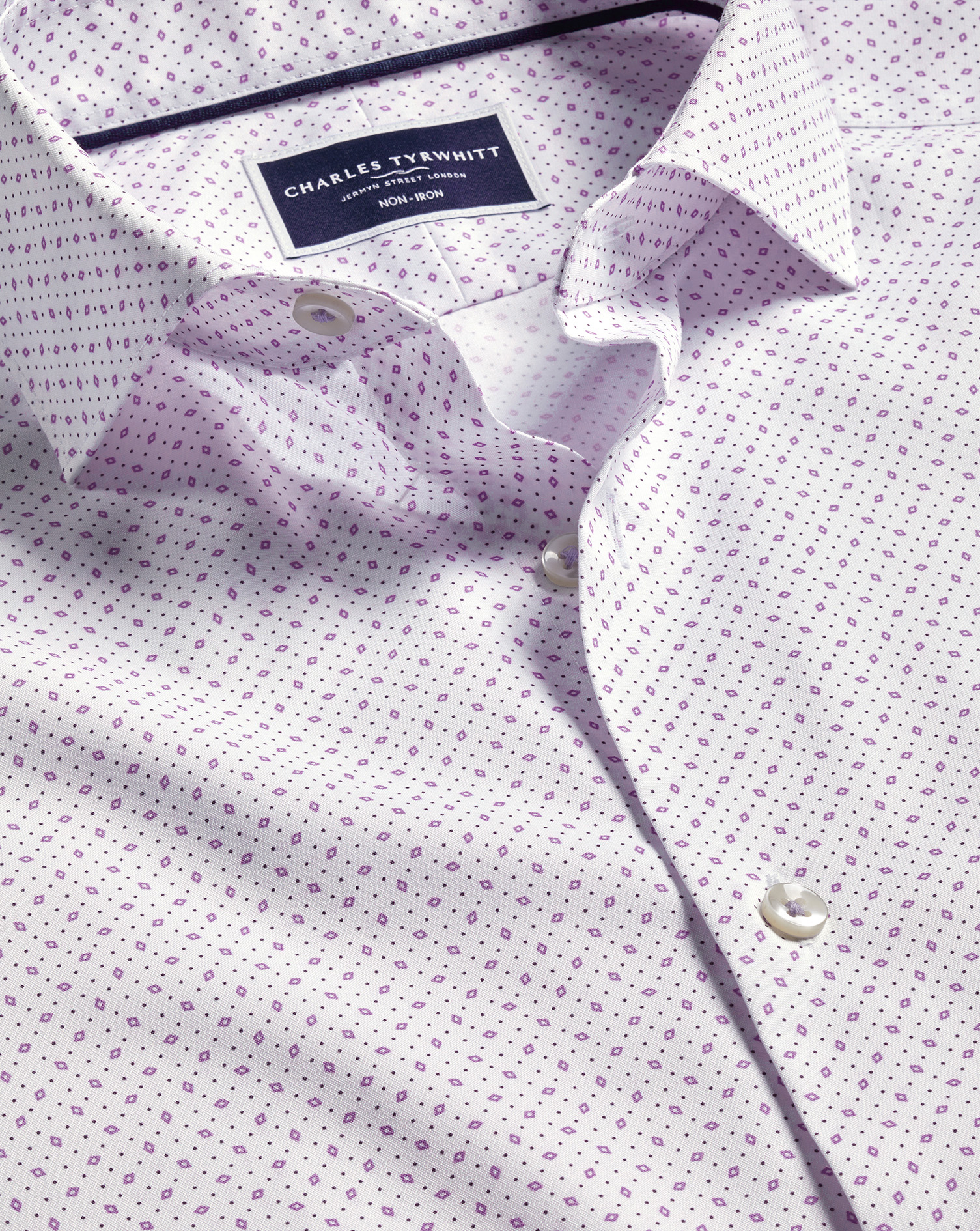 Semi-Cutaway Collar Non-Iron Stretch Diamond Print Shirt - White & Lilac Purple