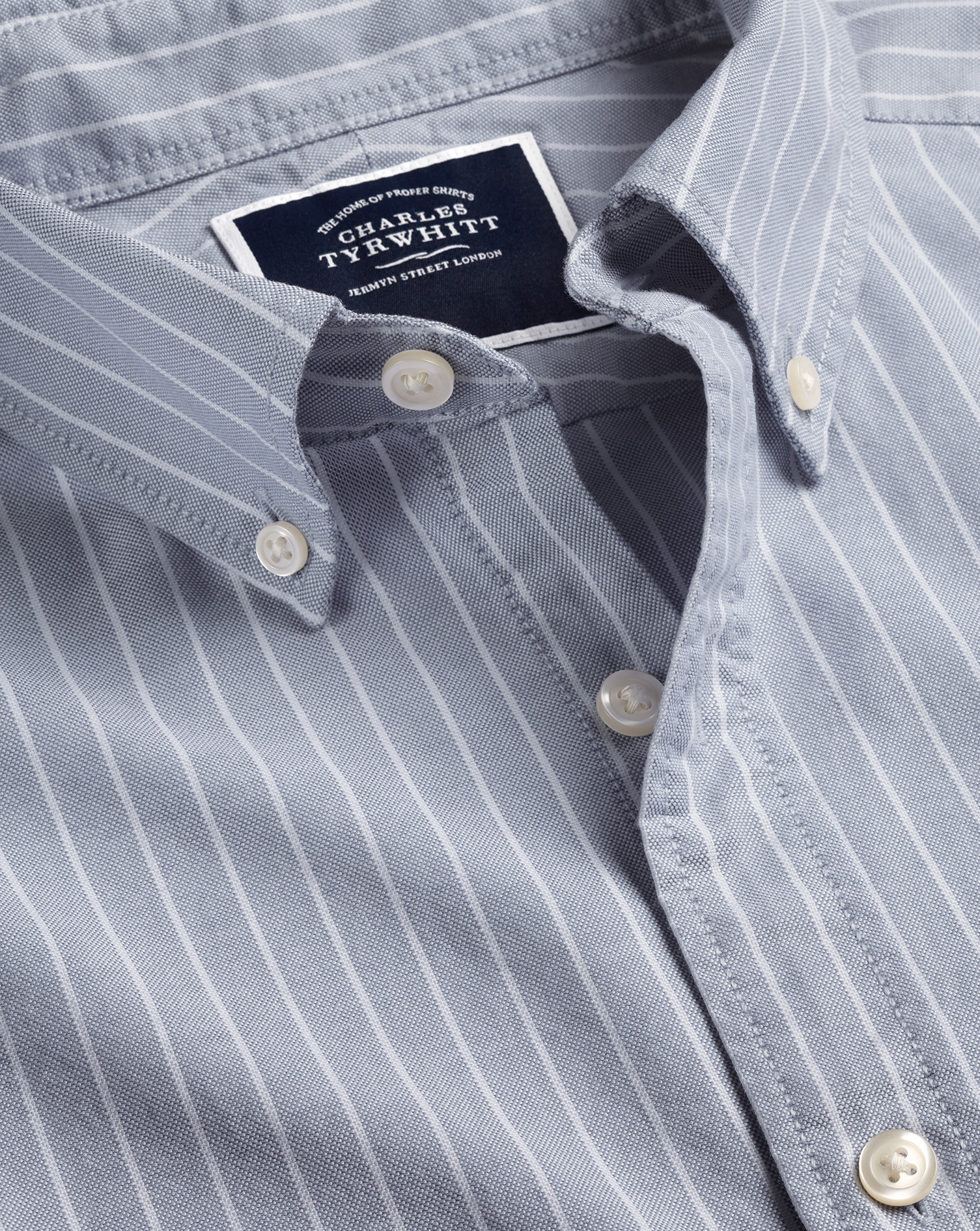 Button-Down Collar Washed Oxford Butchers Stripe Shirt - Steel Blue