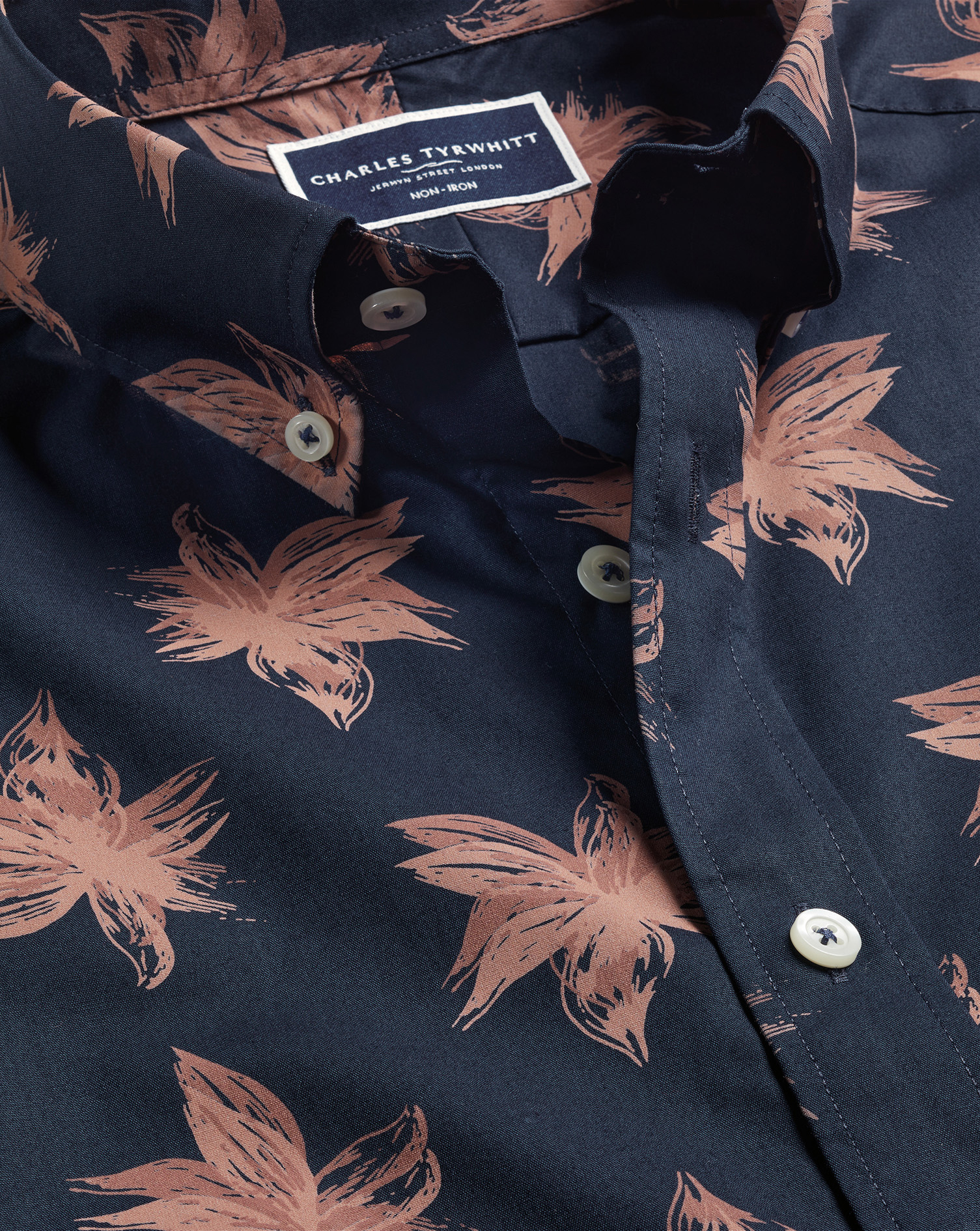 Non-Iron Large Floral Print Short Sleeve Shirt - Navy