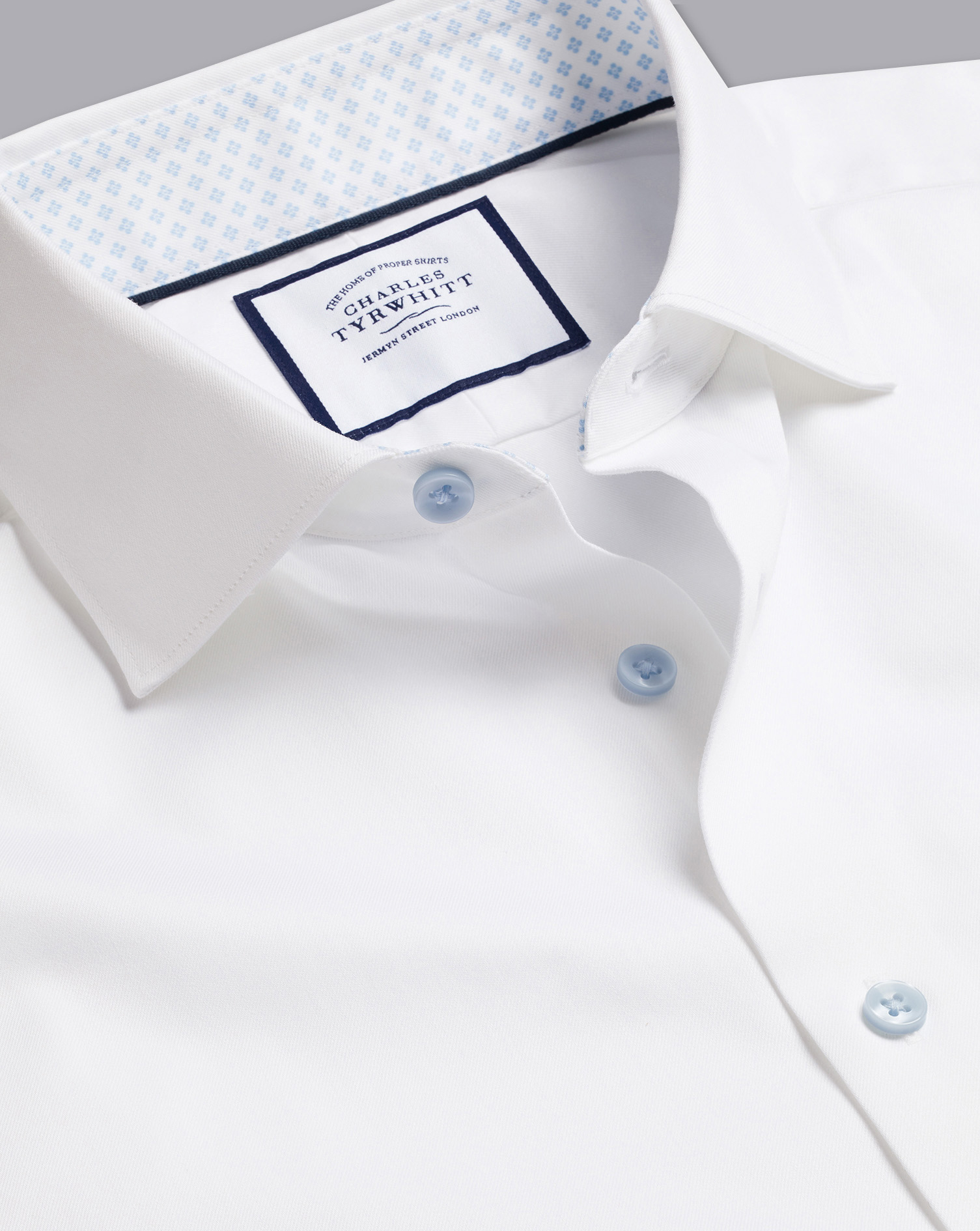 Semi-Cutaway Collar Twill Shirt with Printed Trim - White