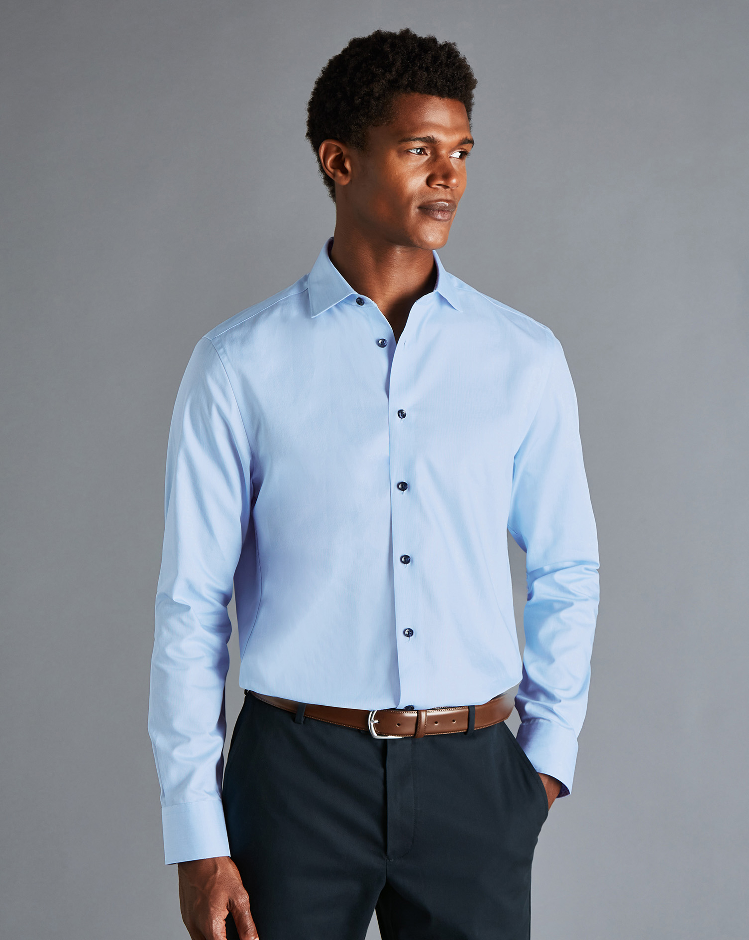 Semi-Cutaway Collar Twill Printed Trim Shirt - Sky Blue