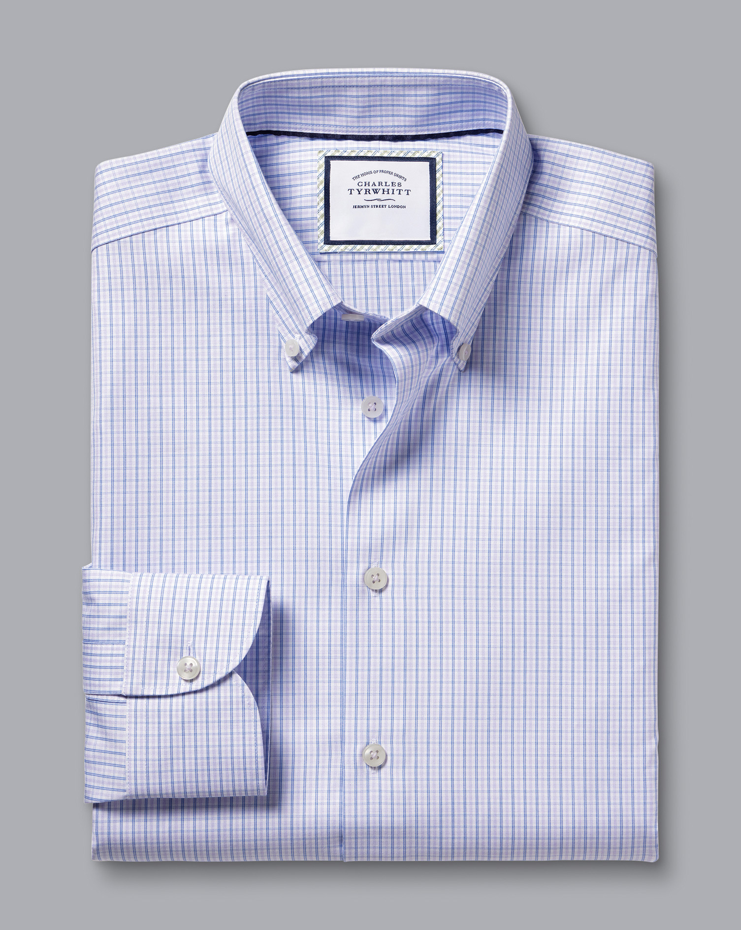 Button-Down Collar Non-Iron Oxford Twin Check Shirt - Lilac Purple