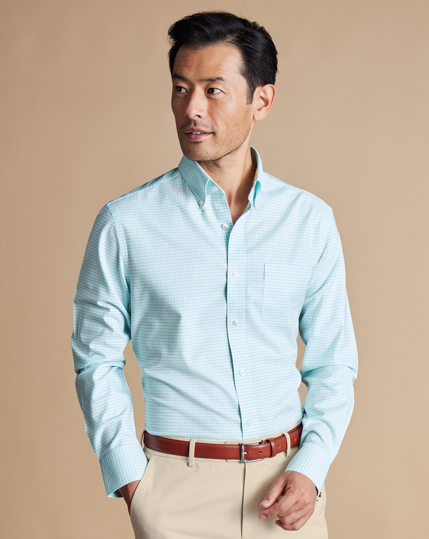 Button-Down Collar Non-Iron Stretch Check Oxford Shirt - Aqua Green