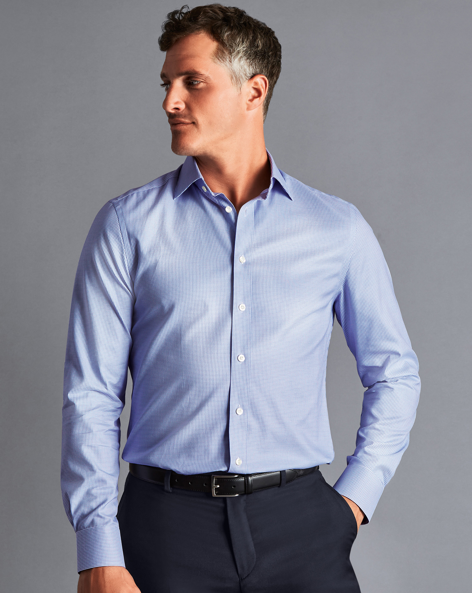 Semi-Cutaway Collar Egyptian Cotton Twill Small Grid Check Shirt - Ocean Blue