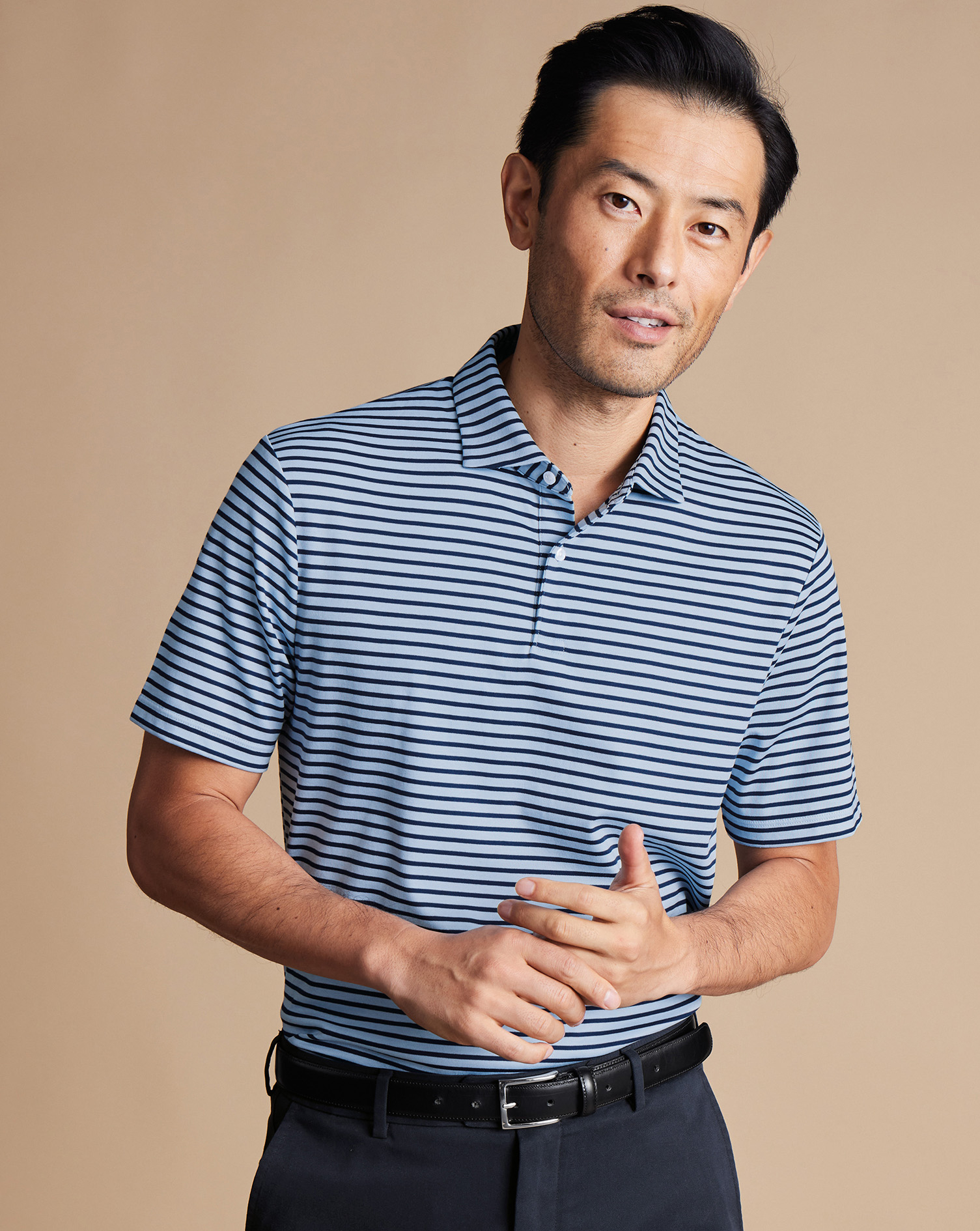 Smart Jersey Stripe Polo - Sky Blue