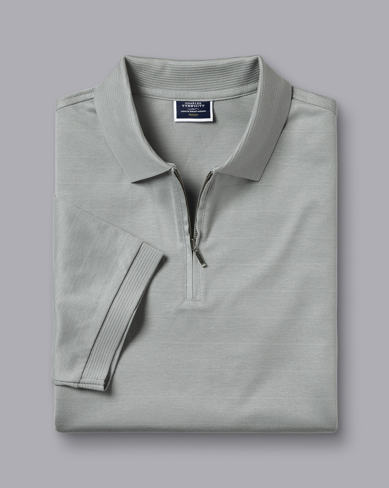 Tyrwhitt Cool Zip-Neck Polo - Light Grey