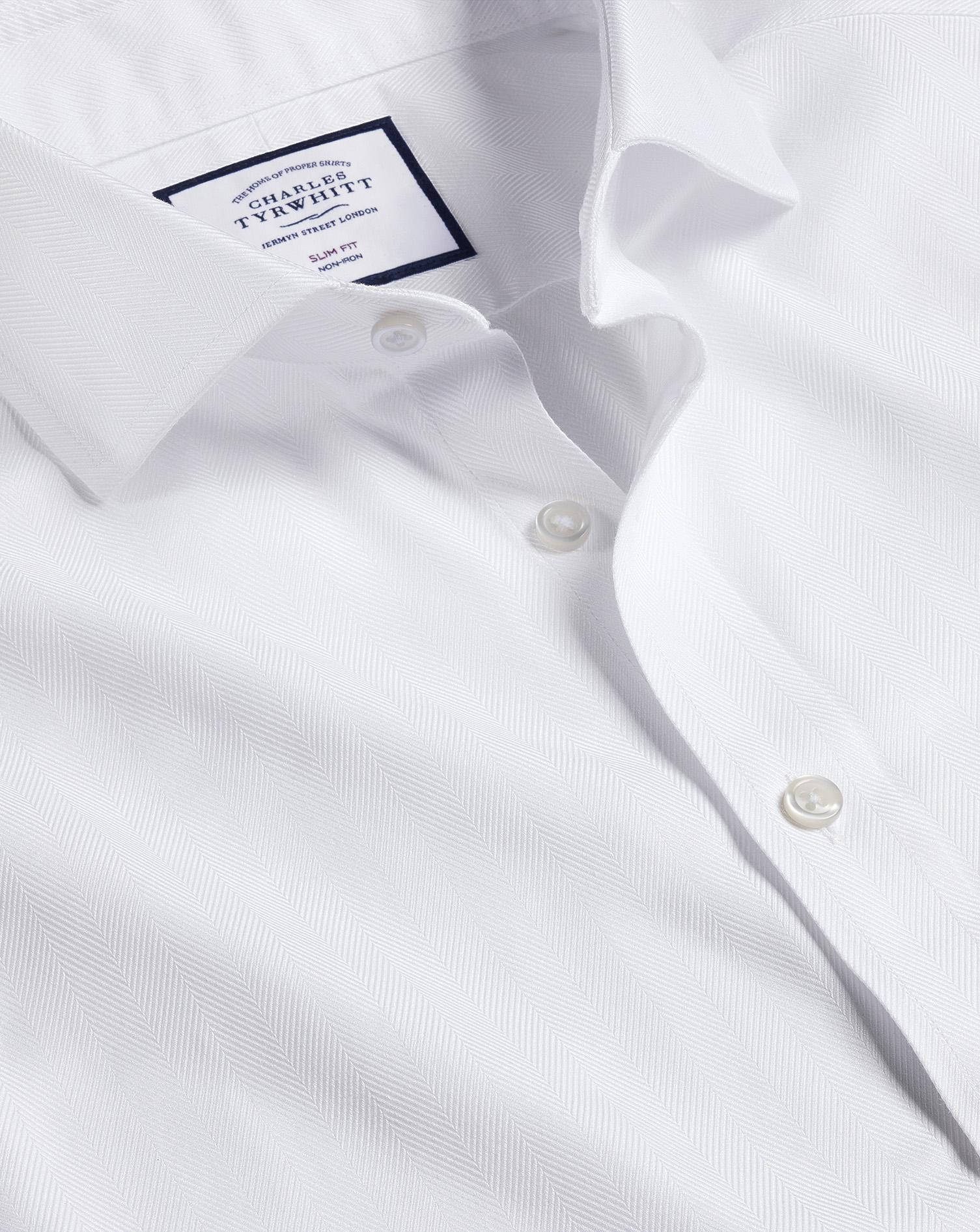 Charles Tyrwhitt Cutaway Collar Non-iron Herringbone Cotton Dress Shirt In White