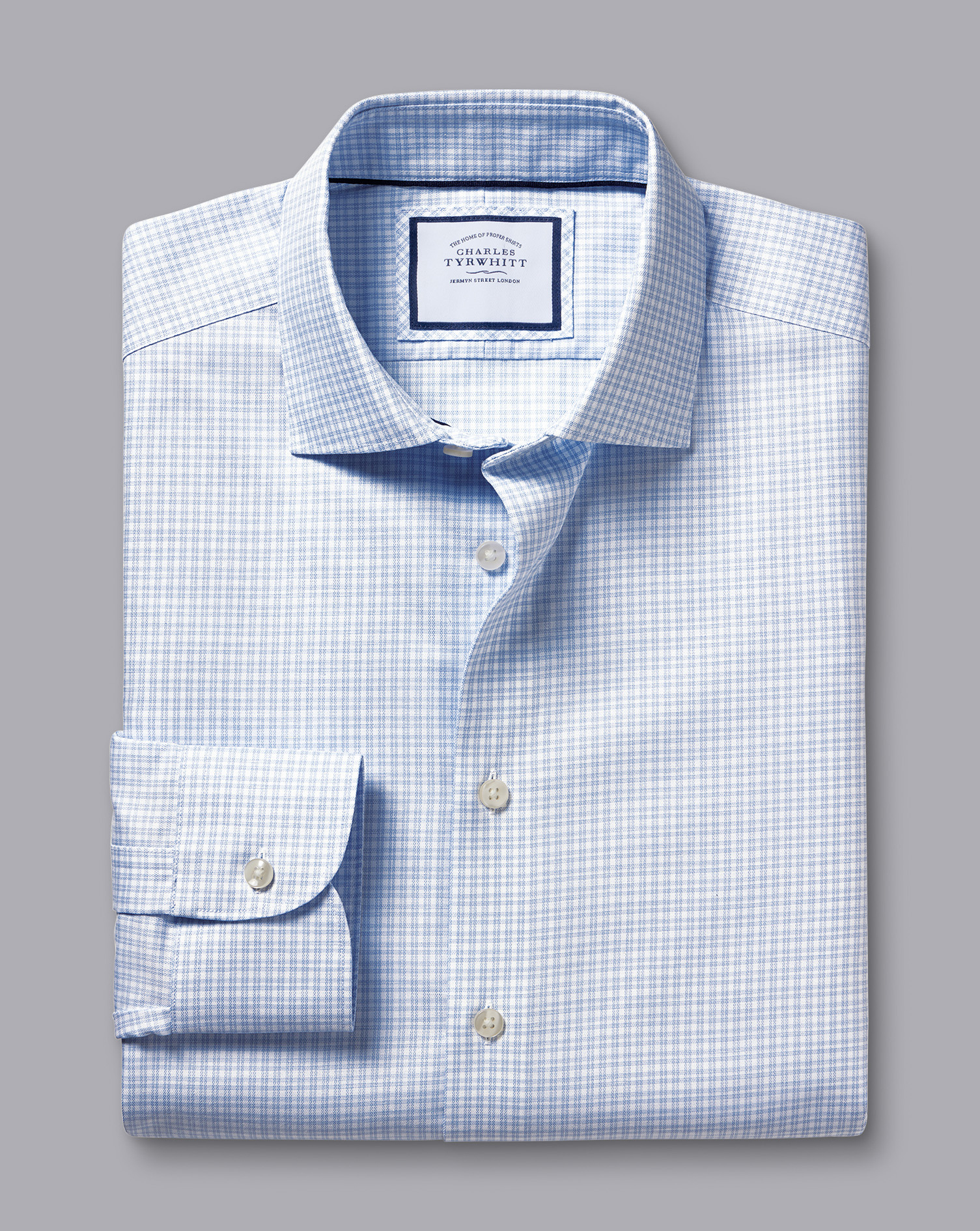 Semi-Cutaway Collar Non-Iron Cotton Linen Check Shirt - Sky Blue