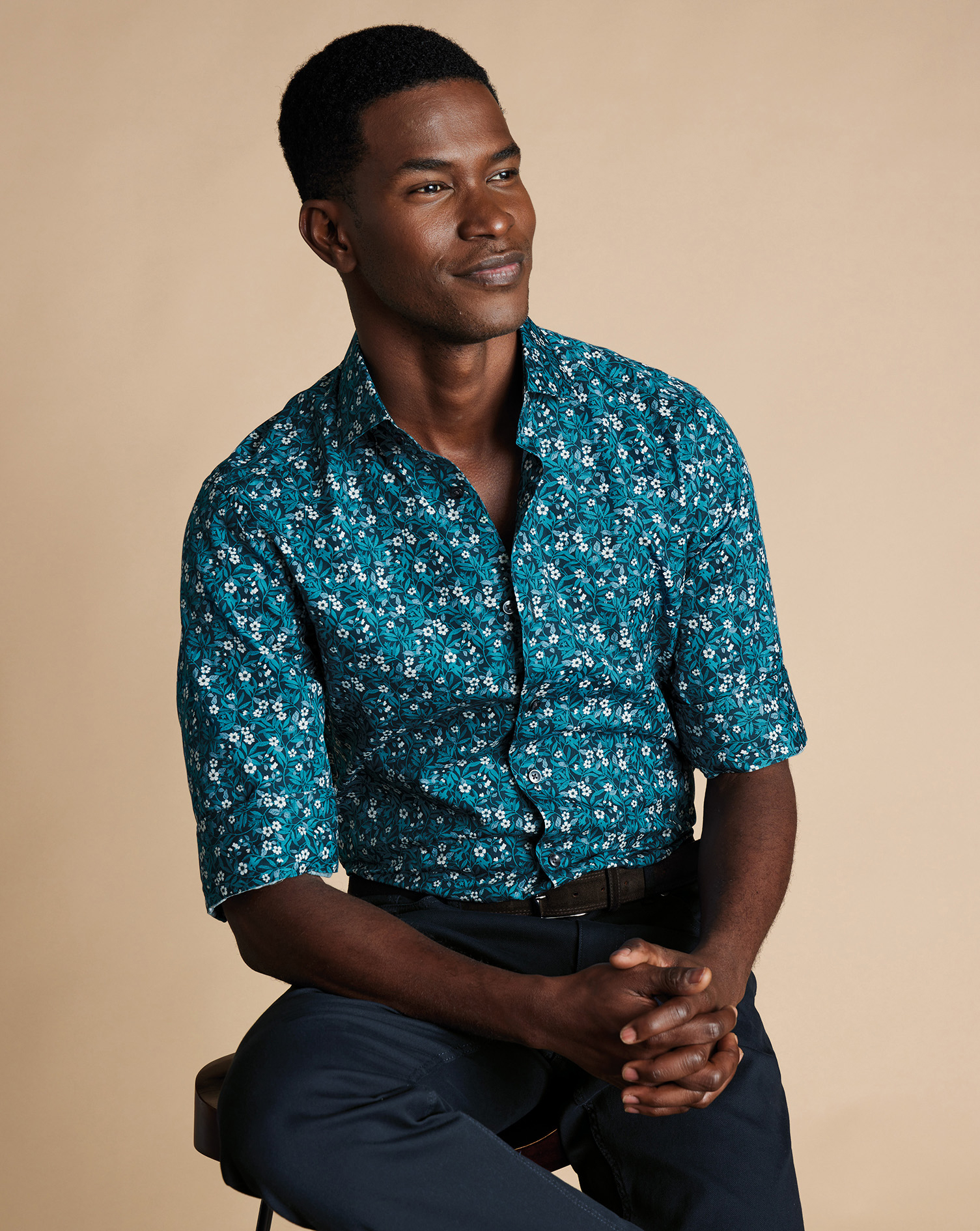 Made with Liberty Fabric Semi-Cutaway Collar Floral Print Shirt - Atlantic Green