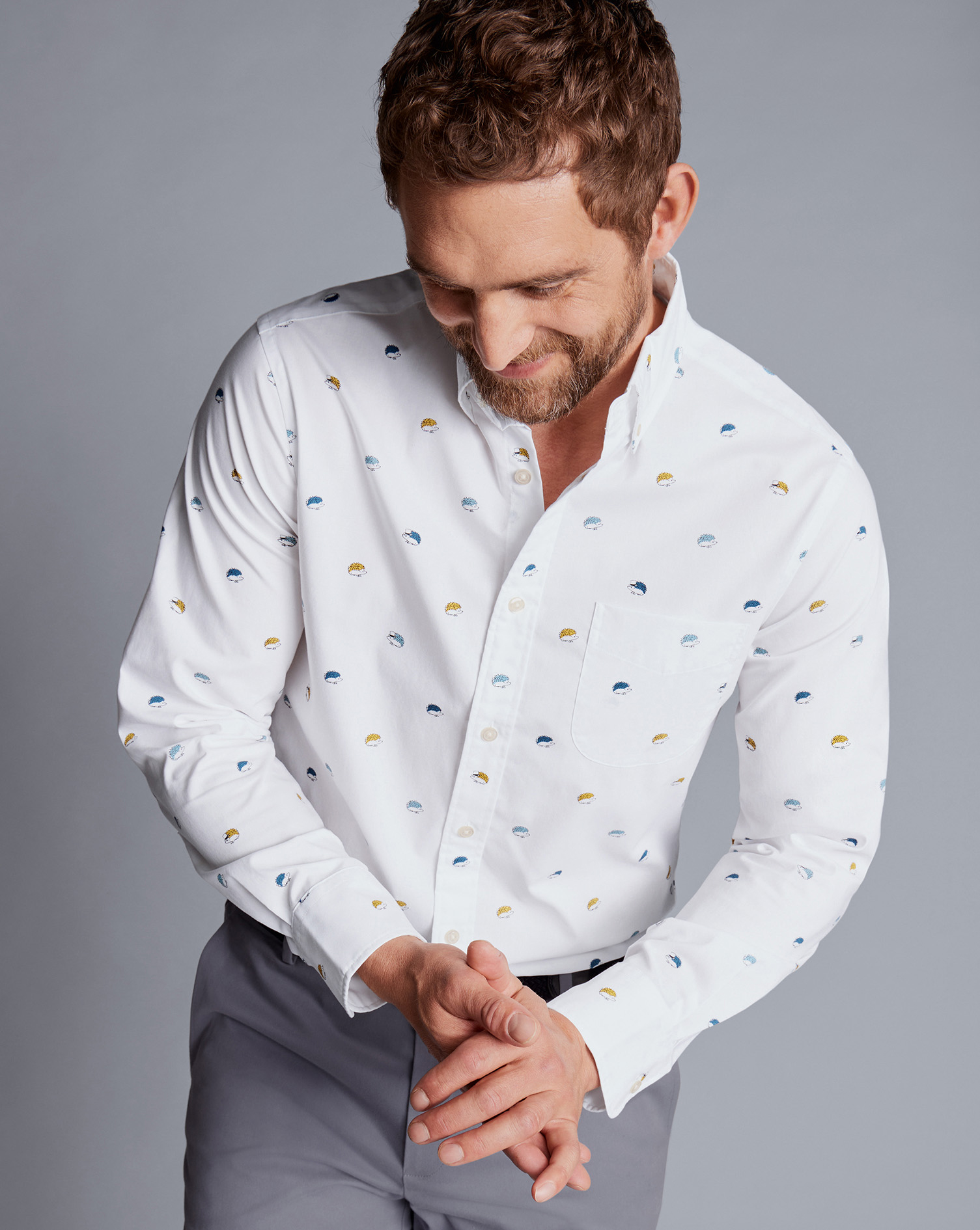 Button-Down Collar Non-Iron Hedgehog Print Shirt - Multi