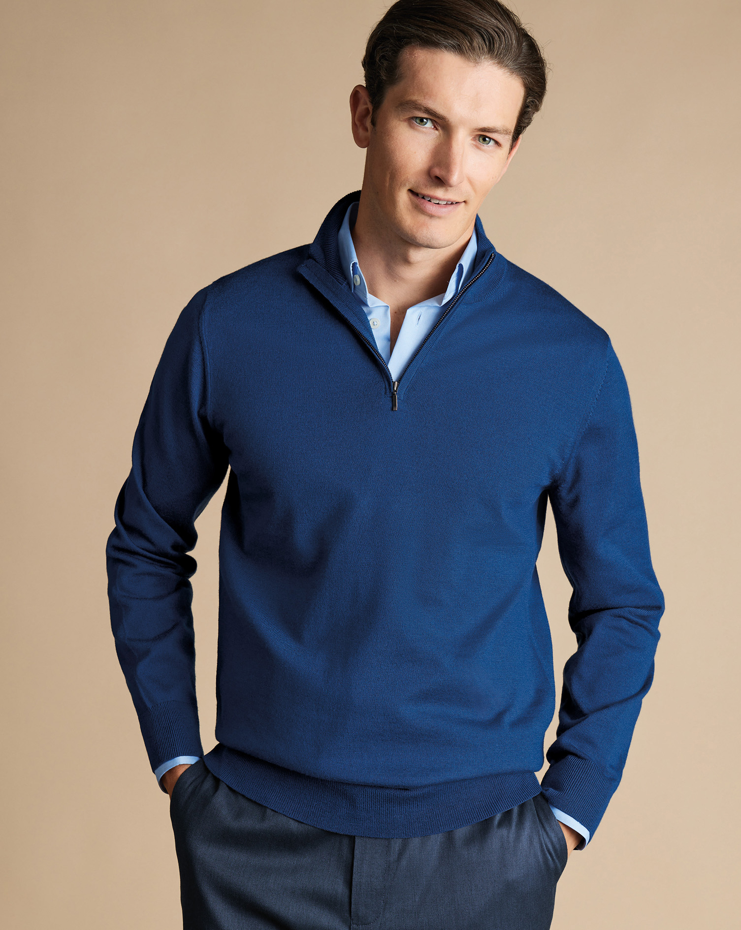 Merino Zip Neck Jumper - Ocean Blue