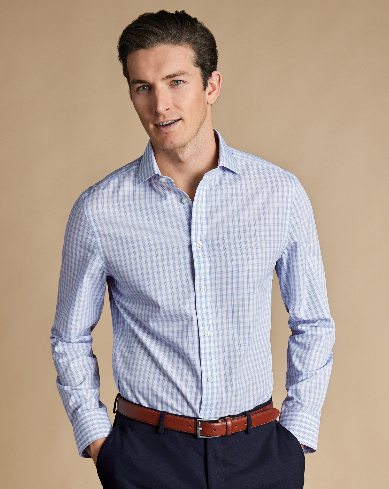 Cutaway Collar Non-Iron Poplin Multi Check Shirt - Cobalt Blue