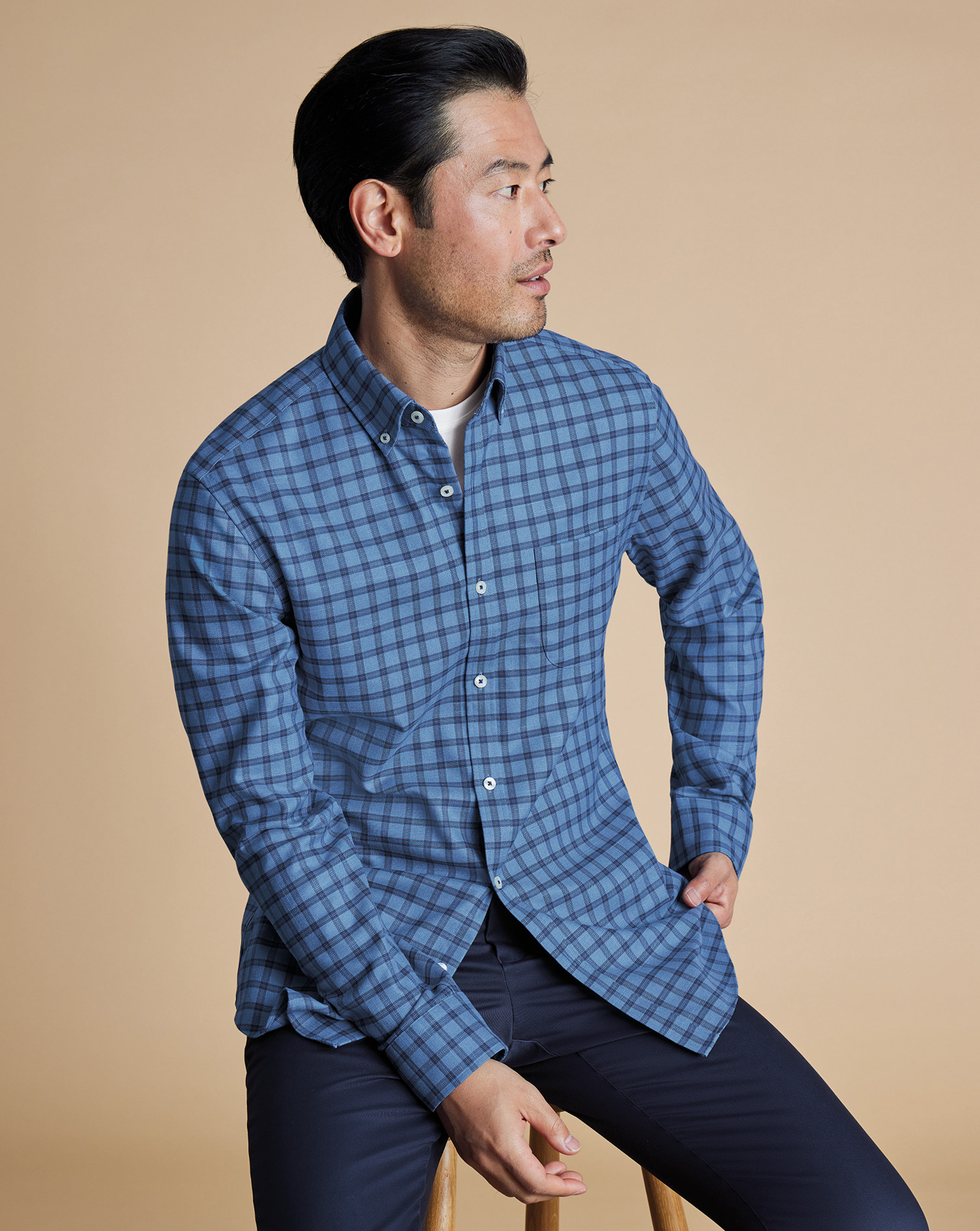 Button-Down Collar Non-Iron Twill Mid Check Shirt - Ocean Blue