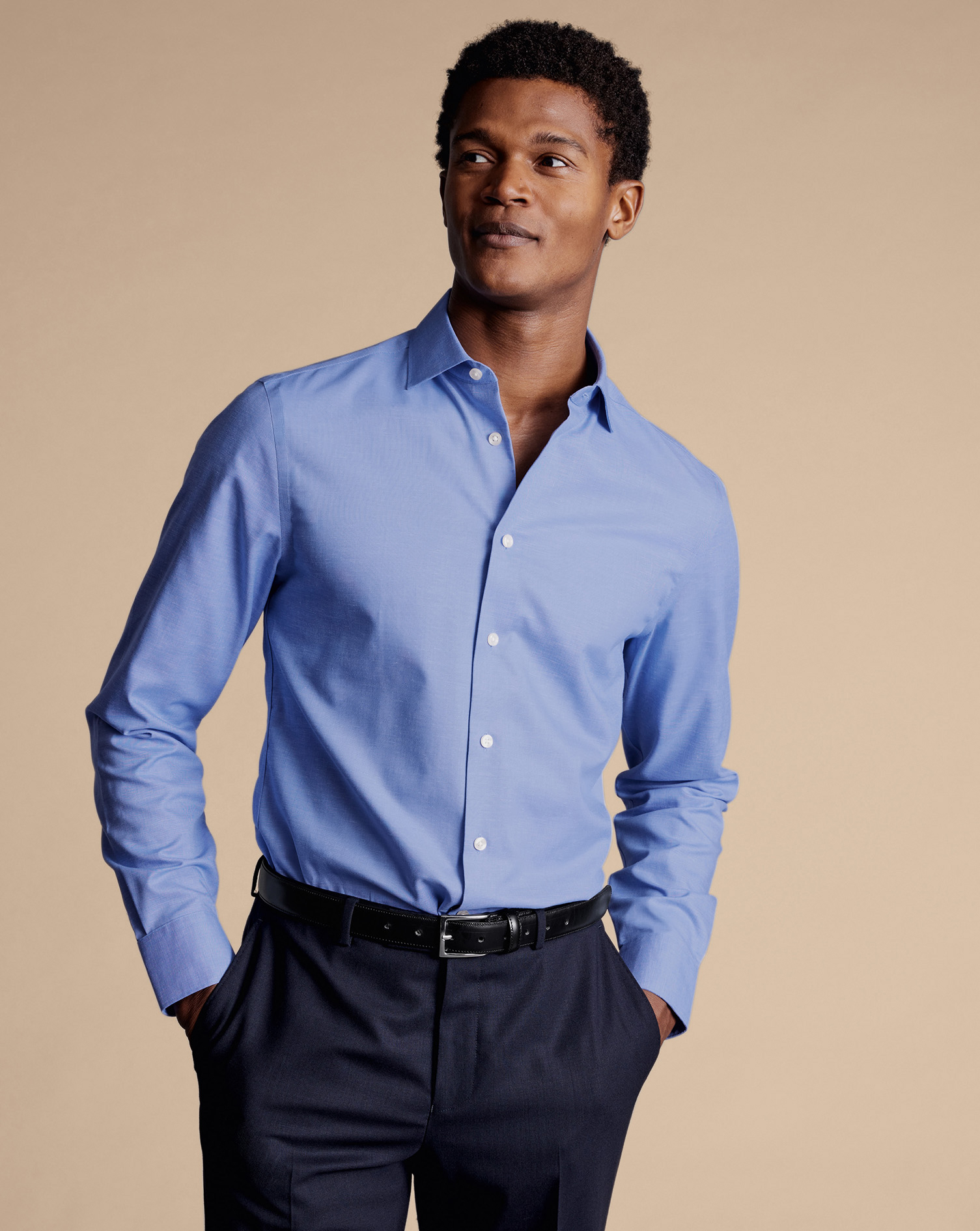 Semi-Cutaway Non-Iron Cotton Linen Shirt  -  Cobalt Blue