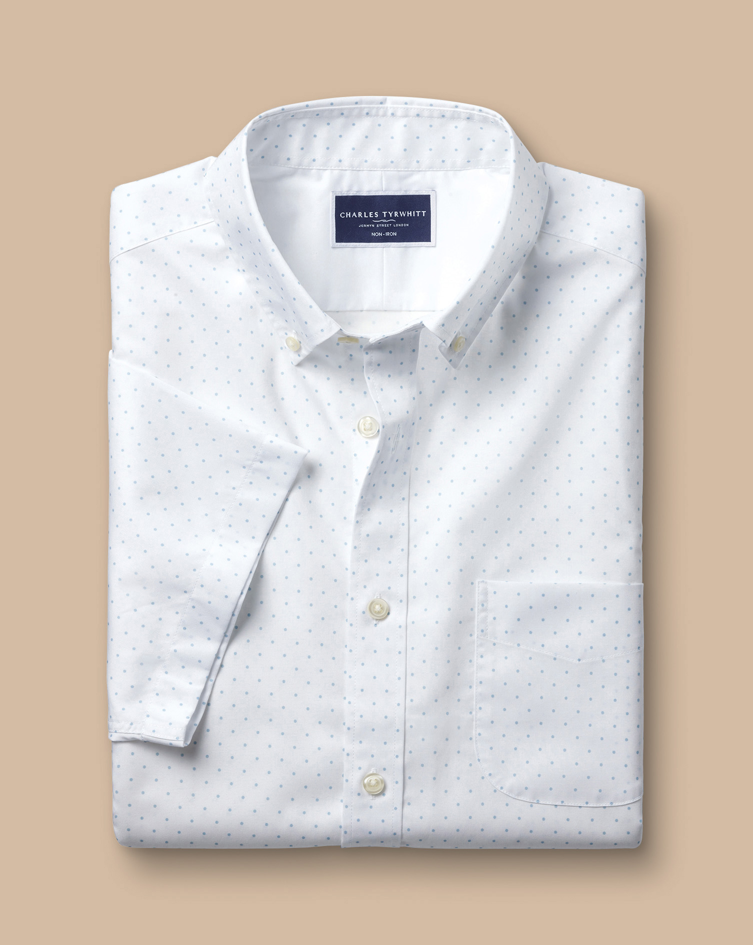 Non-Iron Spot Print Short Sleeve Shirt - White & Sky