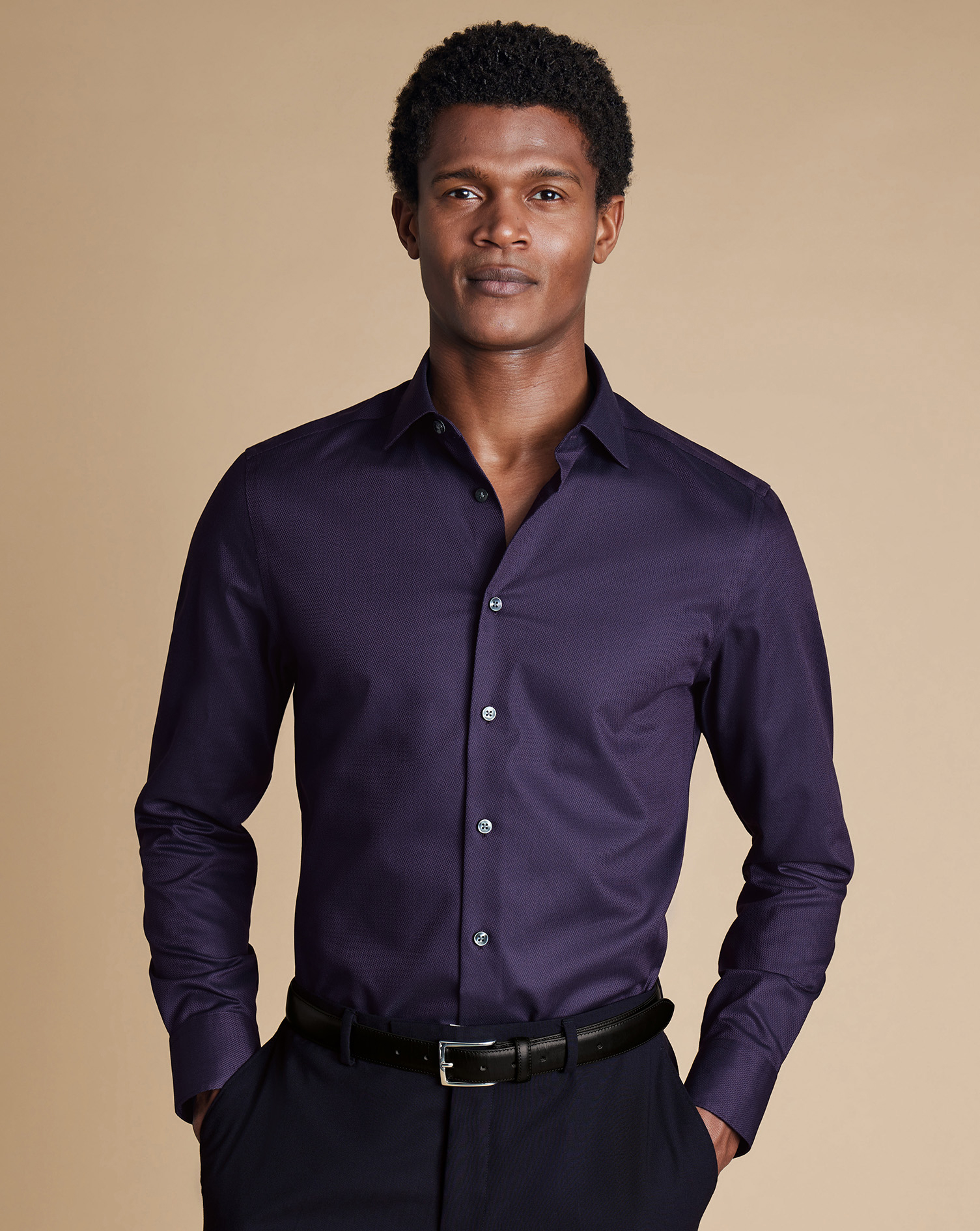 Semi-Cutaway Collar Non-Iron Stretch Texture Shirt - Purple