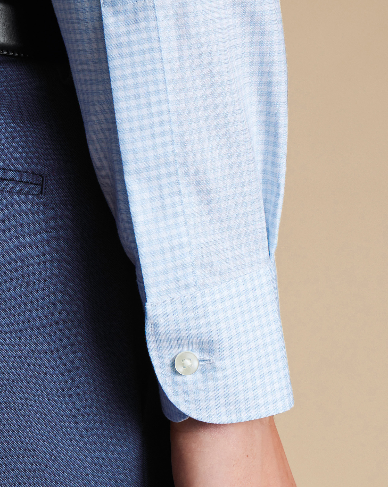 Semi-Cutaway Non-Iron Cotton Linen Shirt Check - Sky Blue