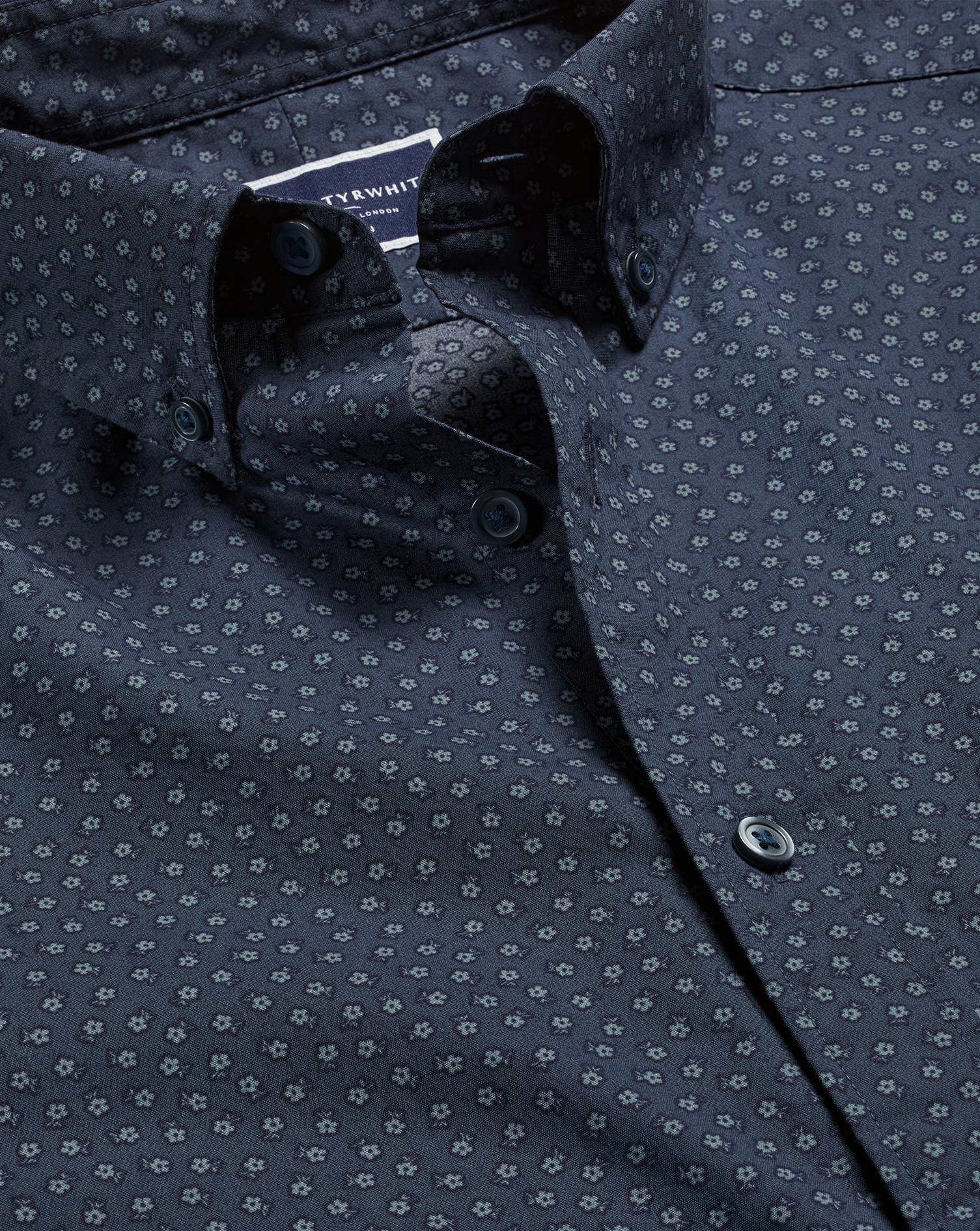 Button-Down Collar Non-Iron Midi Floral Print Shirt - Petrol Blue