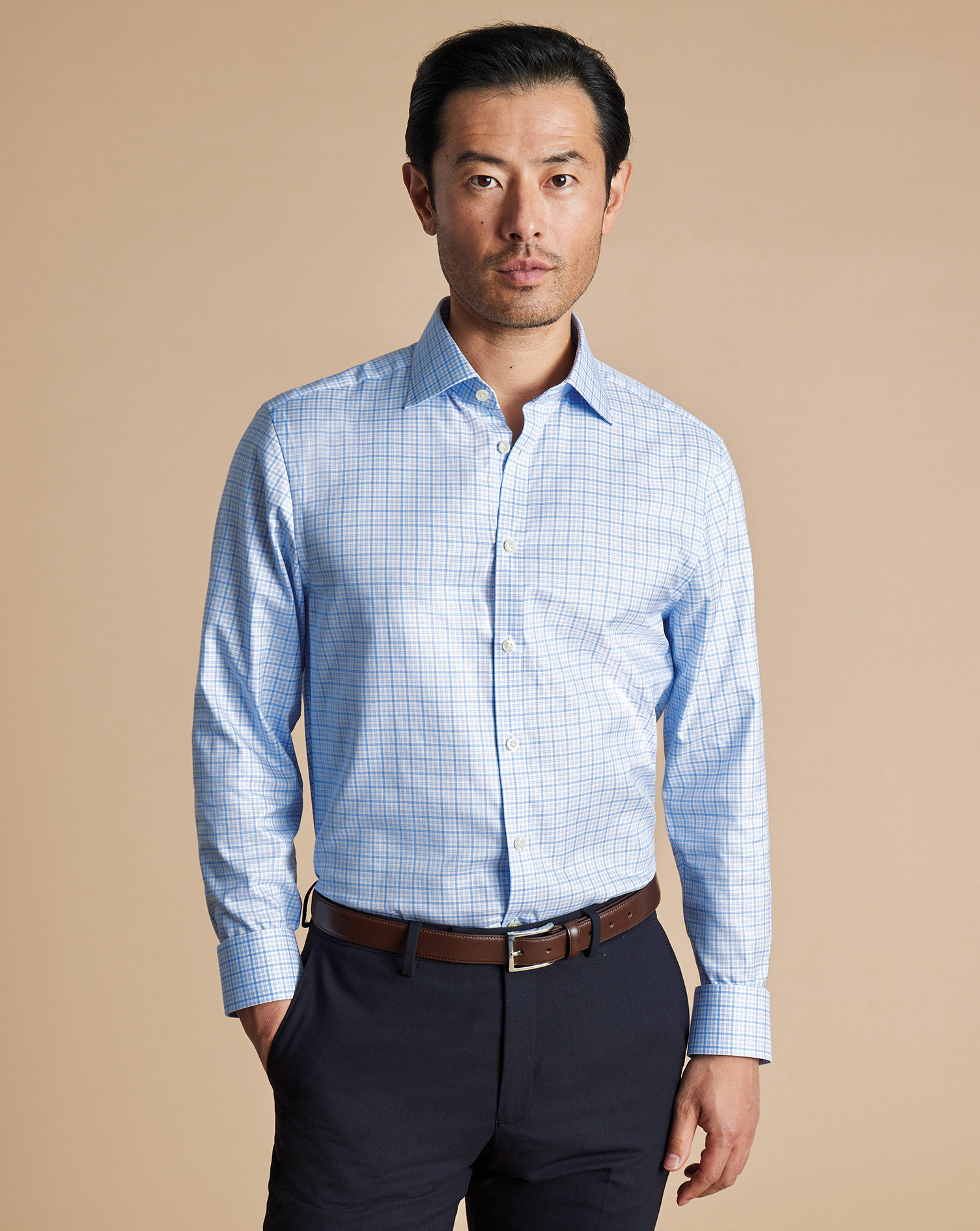 Semi-Cutaway Egyptian Cotton Multi Check Shirt - Cornflower Blue